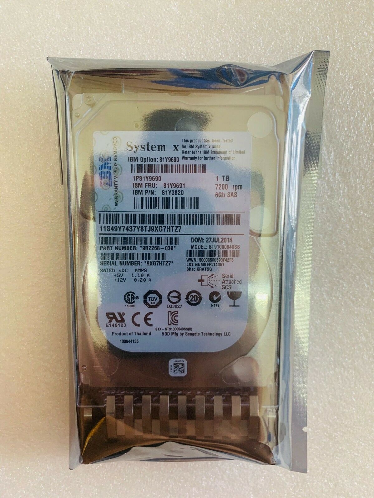 (New in Box) IBM 1TB 7.2K 6G SAS 2.5IN SFF NL Hard Drive // 81Y9691, 81Y9690, 81Y3820, ST91000640SS, 9RZ268-039 สินค้ารับประกัน โดย บริษัท อะไหล่เซิร์ฟเวอร์ จำกัด