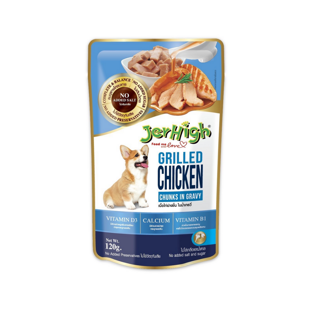 Jerhigh Chicken Grilled gravy pouch 120 g เจอร์ไฮ เนื้อไก่ย่างในน้ำเกรวี่ 120 ก. สีน้ำเงิน บำรุงกระดูกและฟัน