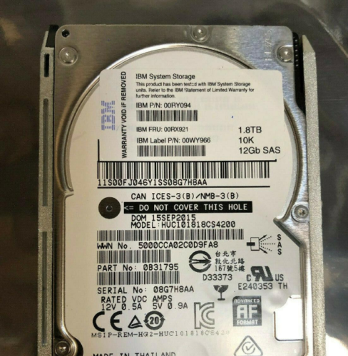IBM 1.8TB 12G 10K SAS 2.5" SFF HDD V5000 00RX921 / 2078-AC63 / 01NN114 / 00RY094 (Used) สินค้ารับประกัน โดย บริษัท อะไหล่เซิร์ฟเวอร์ จำกัด