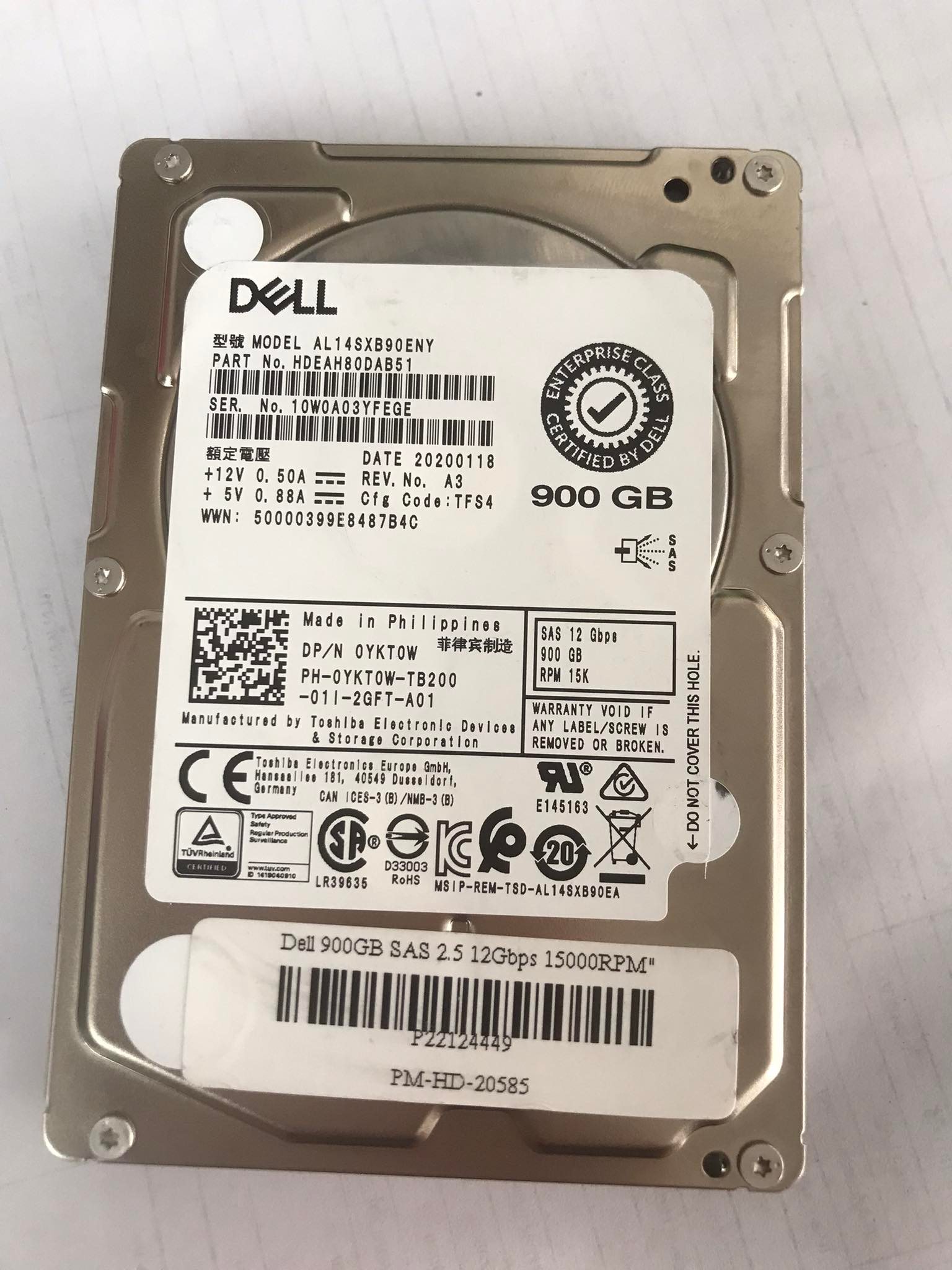 Dell 900GB 15K 12G SAS 2.5'' HDD HARD DRIVE / AL14SXB90ENY / 0YKT0W / YKT0W // สินค้ารับประกัน โดย บริษัท อะไหล่เซิร์ฟเวอร์ จำกัด