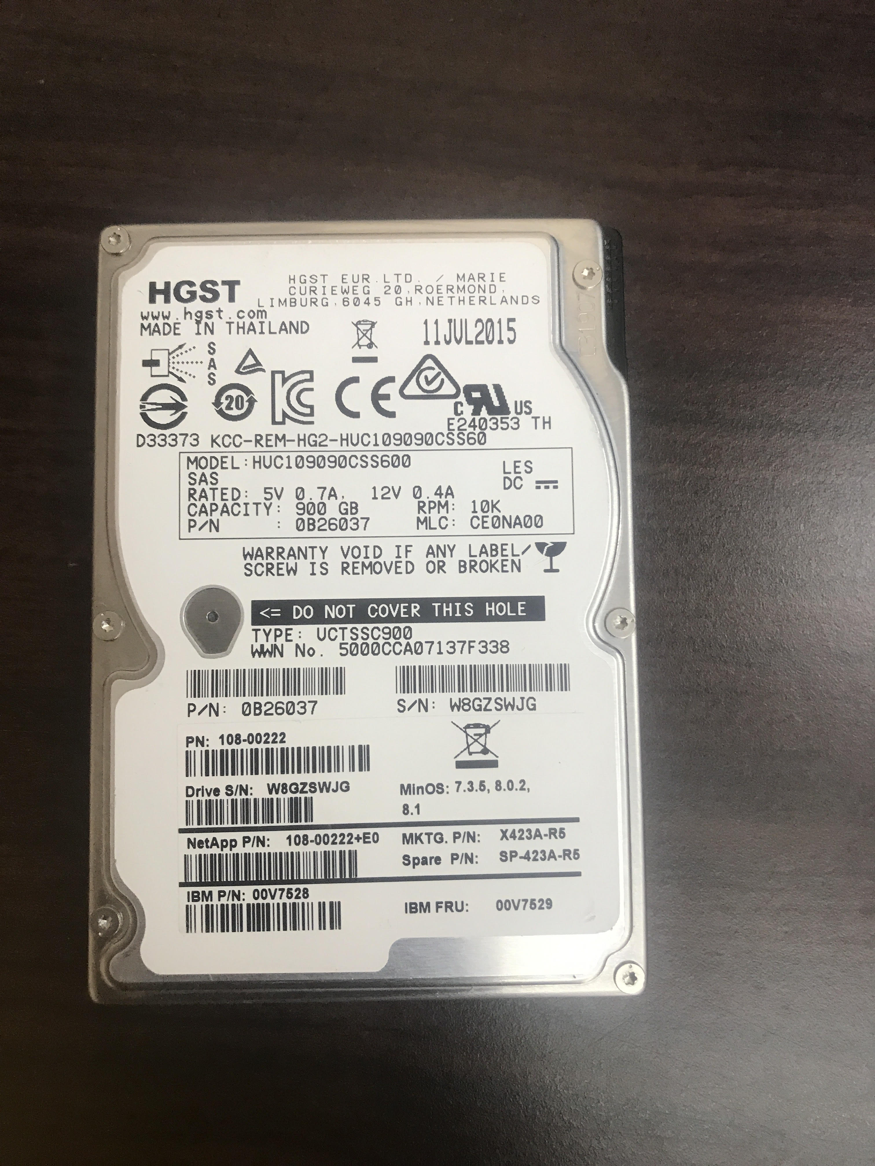 Netapp HDD HGST 900GB 10K 6G SAS 2.5" SFF Hard Drive // 00V7529 / X423A-R5 / 108-00222 / HUC109090CSS600 / 0B26037 (Used)