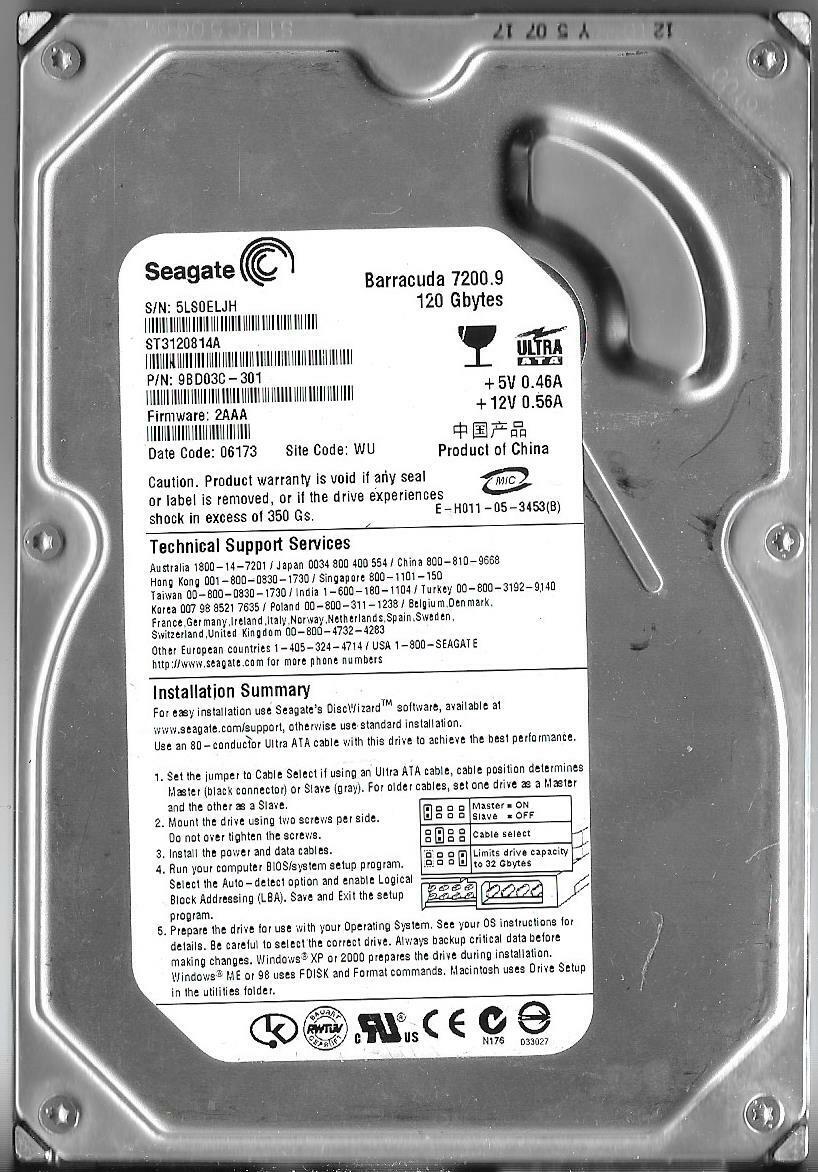 Seagate 120GB IDE Hard Drive P/N: 9BD03C-301 F/W: 2AAA WU // ST3120814A (Used) // สินค้ารับประกัน โดย บริษัท อะไหล่เซิร์ฟเวอร์ จำกัด