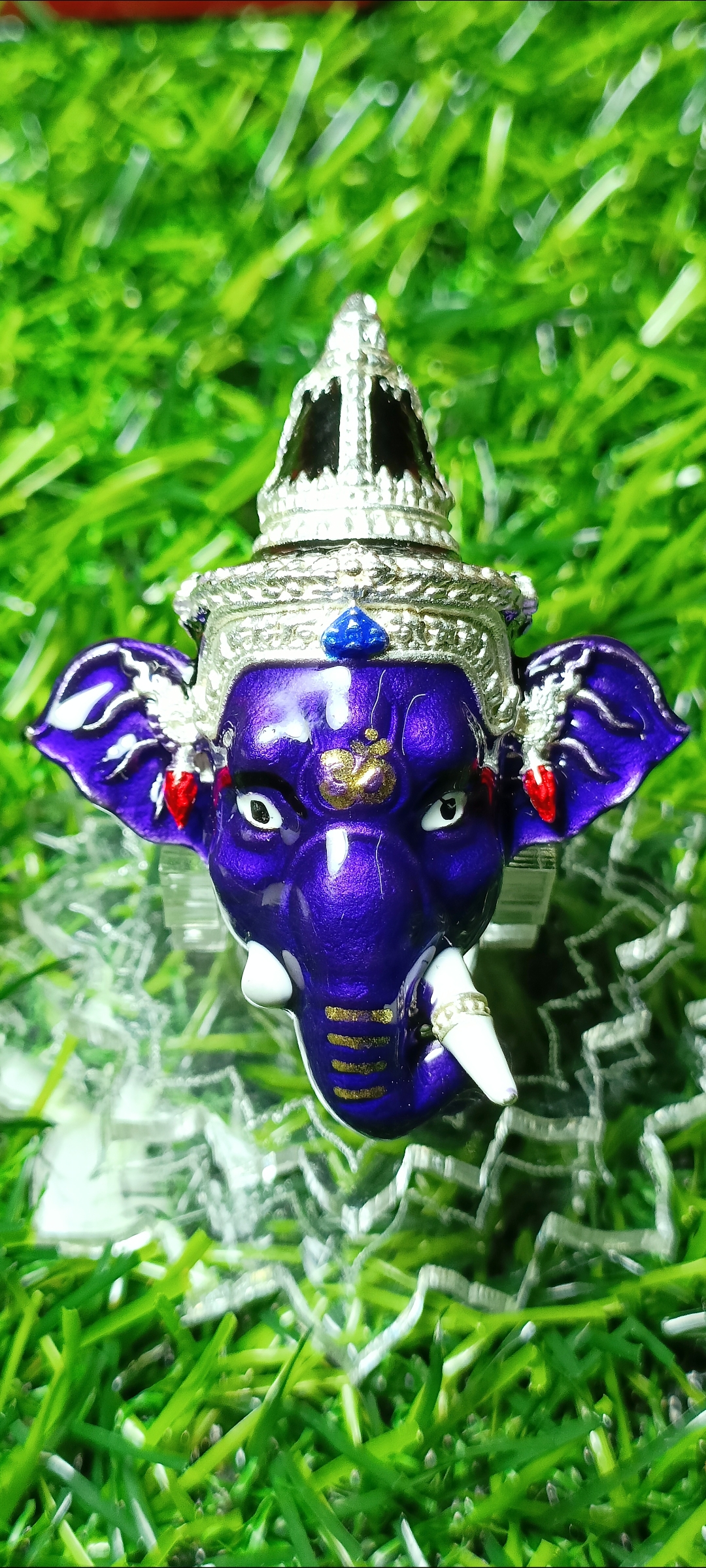 เศียรพระพิฆเณศประทานพร หลวงพ่อพัฒน์ วัดห้วยด้วน ปี 2565 เนื้อกะไหล่เงินลงยาม่วง หมายเลข๔๕