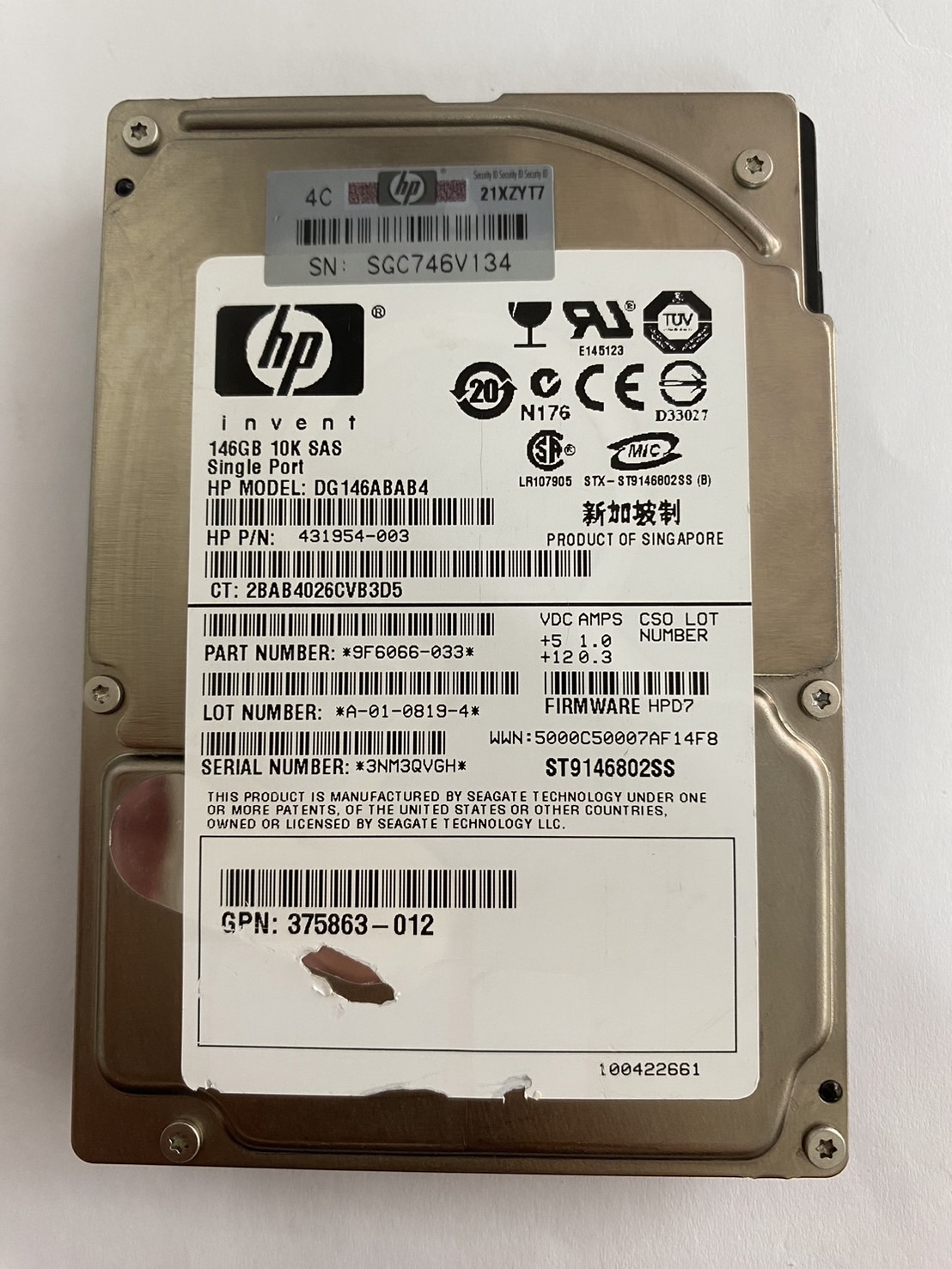 HP 146Gb 10K 3GB SAS 2.5'' Hard Drive // HDD 431954-003 / GPN 375863-012 / DG146ABAB4 / ST9146802SS / 9F6066-033 (Used) // สินค้ารับประกัน โดย บริษัท อะไหล่เซิร์ฟเวอร์ จำกัด