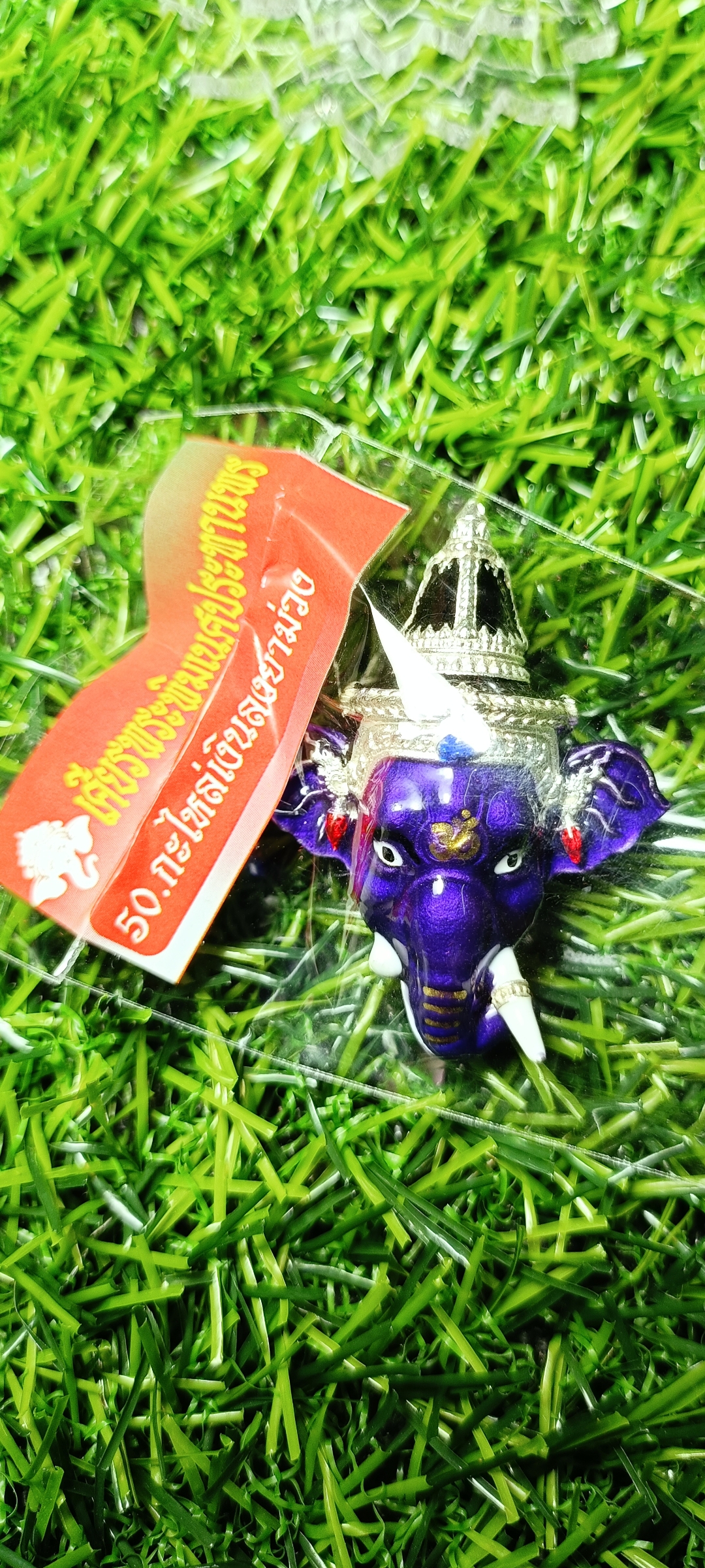 เศียรพระพิฆเณศประทานพร หลวงพ่อพัฒน์ วัดห้วยด้วน ปี 2565 เนื้อกะไหล่เงินลงยาม่วง หมายเลข๔๕