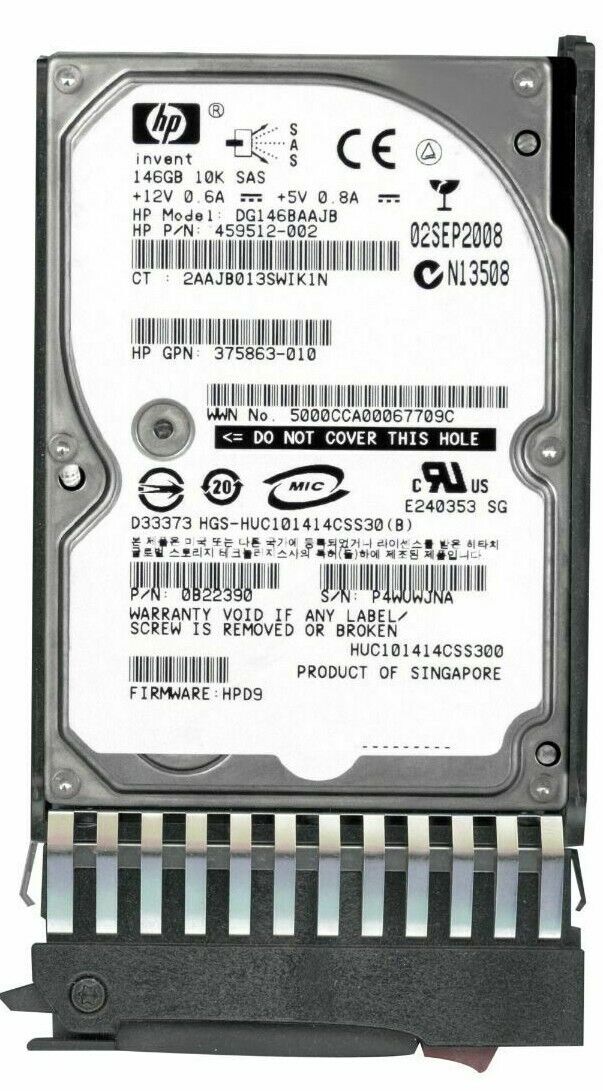 HP 146GB 10K 3G SAS 2.5" 16MB Hard Drive // HDD 459512-002 / Tray 432320-001 / GPN 375863-010 / 0B22390 / DG146BAAJB / HUC101414CSS300 (Used) // สินค้ารับประกัน โดย บริษัท อะไหล่เซิร์ฟเวอร์ จำกัด