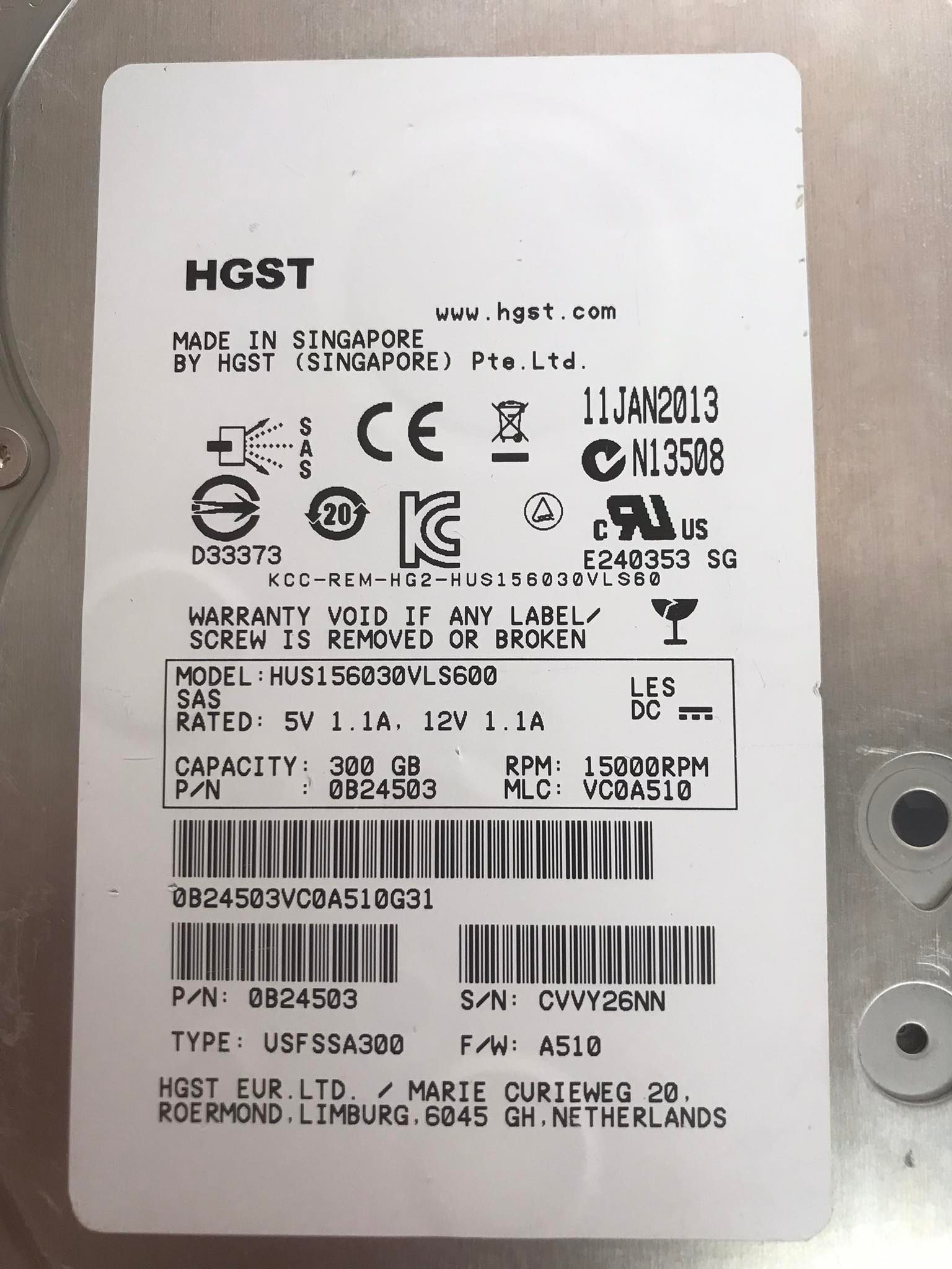 HGST 300G 3.5'' 6G 15K SAS HDD A510 // 0B24503 / HUS156030VLS600 (Used) // สินค้ารับประกัน โดย บริษัท อะไหล่เซิร์ฟเวอร์ จำกัด