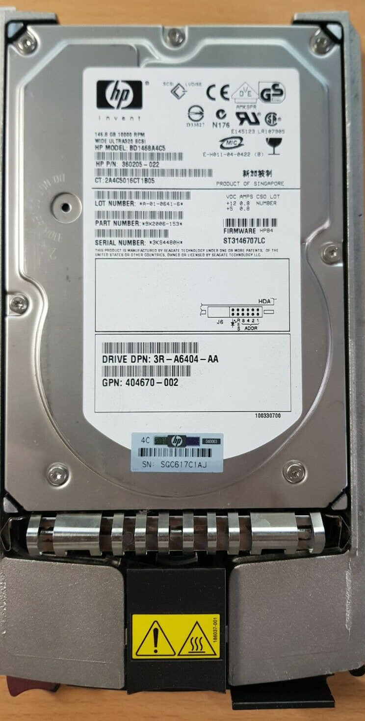HP 146.8GB 10K Ultra 320 SCSI Hot Plug Frame // HDD 360205-022 / TRAY 404708-001 / GPN 404670-002 / BD1468A4C5 / (ST3146707LC) (Used) // สินค้ารับประกัน โดย บริษัท อะไหล่เซิร์ฟเวอร์ จำกัด