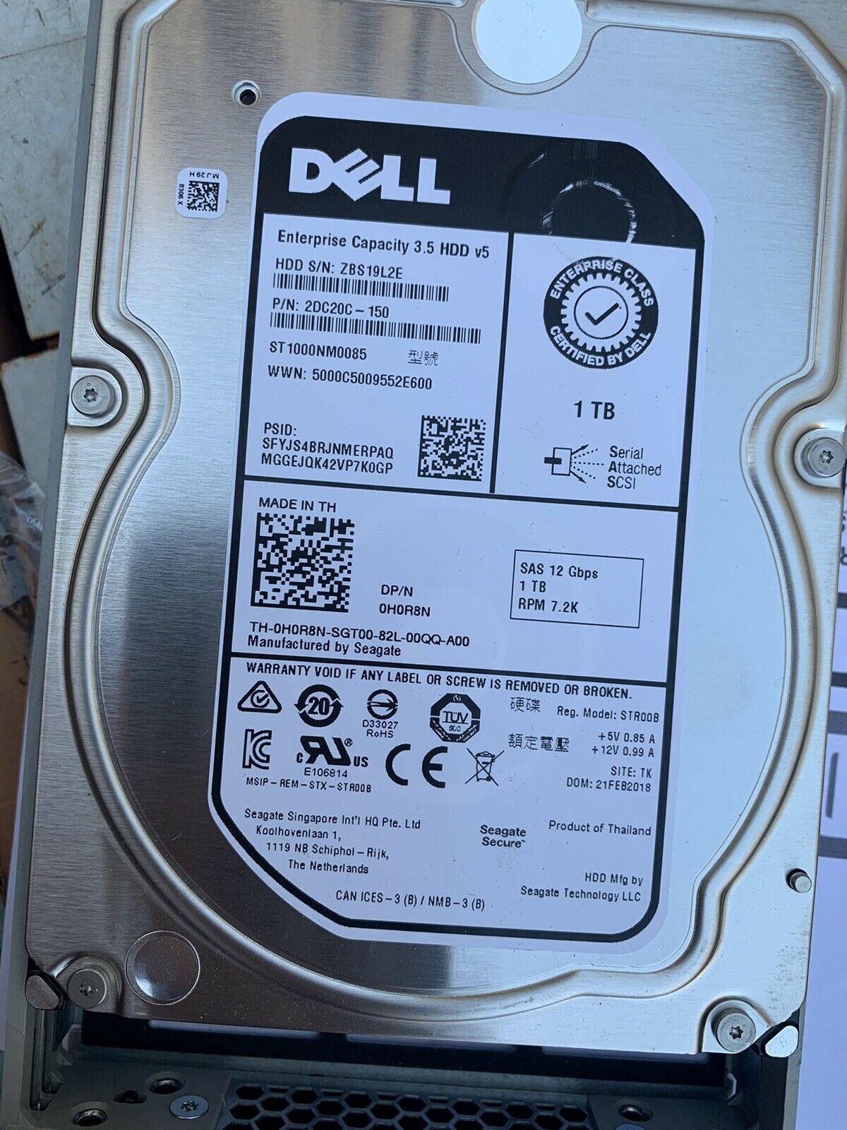 Dell 1TB 7.2K 12G SAS 3.5" HDD Hard Drive // 0H0R8N / ST1000NM0085 / 2DC20C-150 (Used) // สินค้ารับประกัน โดย บริษัท อะไหล่เซิร์ฟเวอร์ จำกัด
