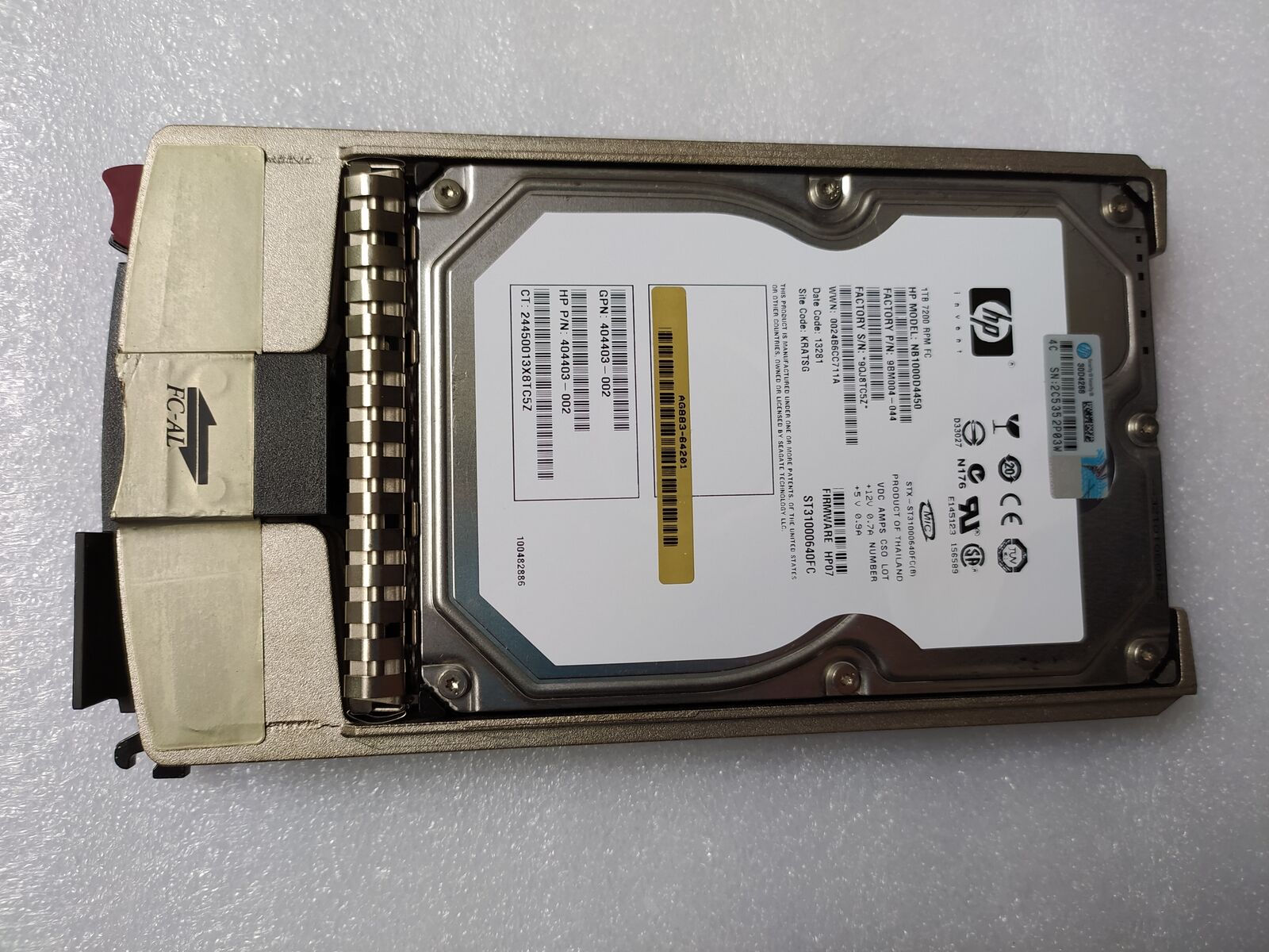 HP HDD 1TB FATA EVA M5314 ENC 7.2K FC HDD NO TRAY // AG883A -64201 / 9BM004-044 / 404403-002 / NB1000D4450 / ST31000640FC (Used) // สินค้ารับประกัน โดย บริษัท อะไหล่เซิร์ฟเวอร์ จำกัด