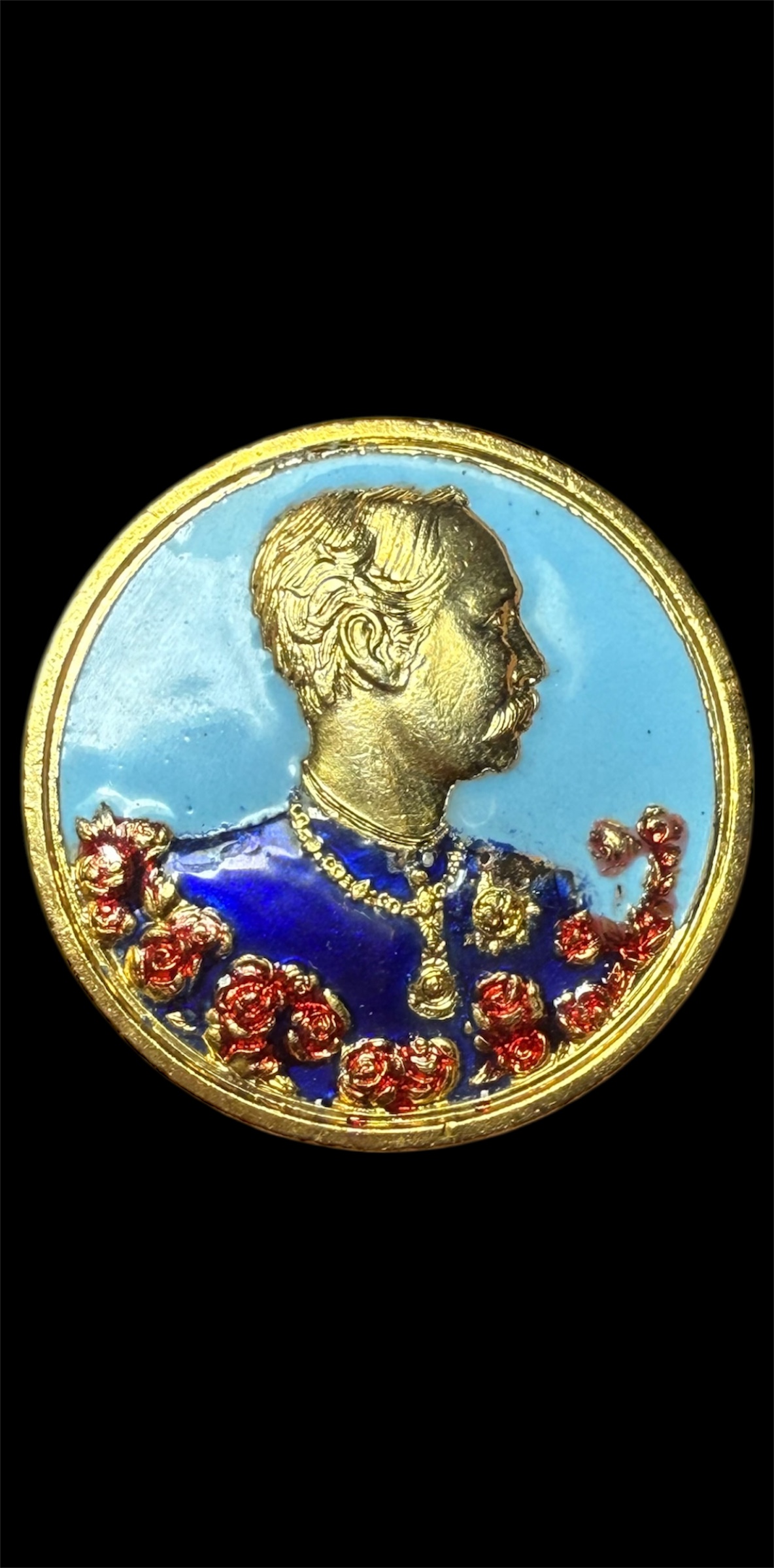 เหรียญ ร.5 ด้านหลังเป็นนารายณ์ทรงครุฑ วัดแหลมแค ปี 2536 ลงยาสีฟ้า