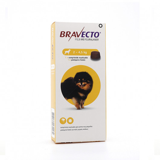 Bravecto chewable tablets 112.5 mg for dogs 2-4.5 kg บราเวคโต ยาเม็ดสำหรับเคี้ยว เพื่อรักษาการติดเห็บ หมัดในสุนัขขนาดเล็กมาก น้ำหนัก 2-4.5 กก.