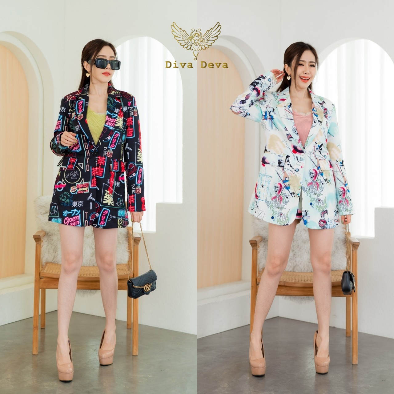 ชุดสูทผู้หญิงขาสั้น สีขาว/สีดำ No.2201