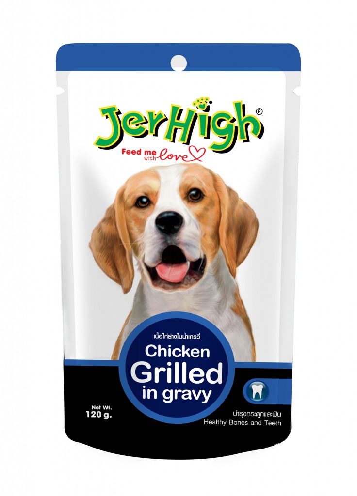 Jerhigh Chicken Grilled gravy pouch 120 g เจอร์ไฮ เนื้อไก่ย่างในน้ำเกรวี่ 120 ก. สีน้ำเงิน บำรุงกระดูกและฟัน