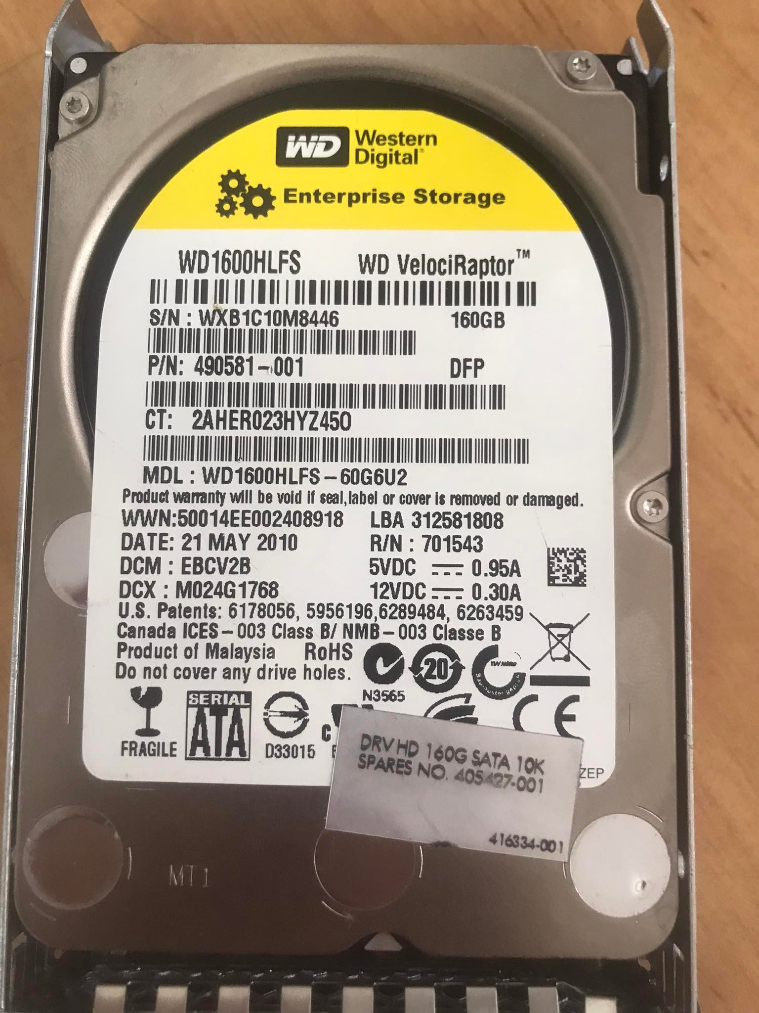 Western Digital VelociRaptor 160GB 10K 3G SATA 2.5" Internal Hard Drive // WD1600HLFS / 490581-001 (Used) // สินค้ารับประกัน โดย บริษัท อะไหล่เซิร์ฟเวอร์ จำกัด