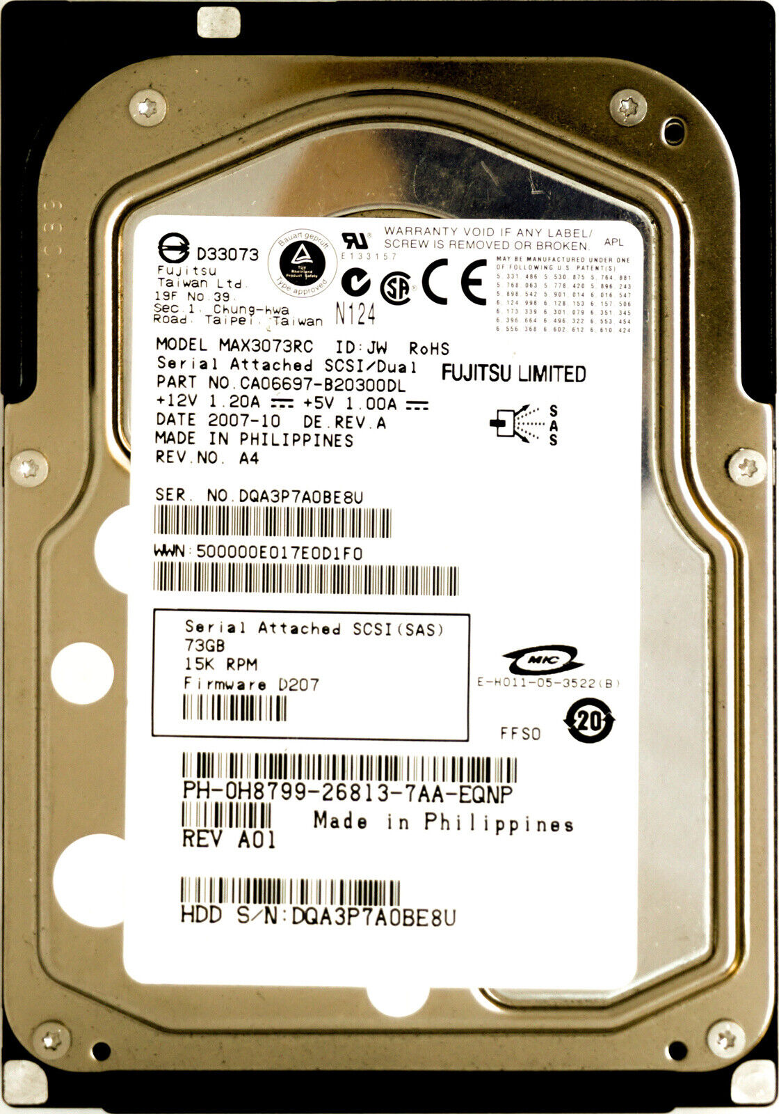 FUJITSU / DELL 73GB 15K SAS 3.5" HDD 0H8799 MAX3073RC (Used) // สินค้ารับประกัน โดย บริษัท อะไหล่เซิร์ฟเวอร์ จำกัด