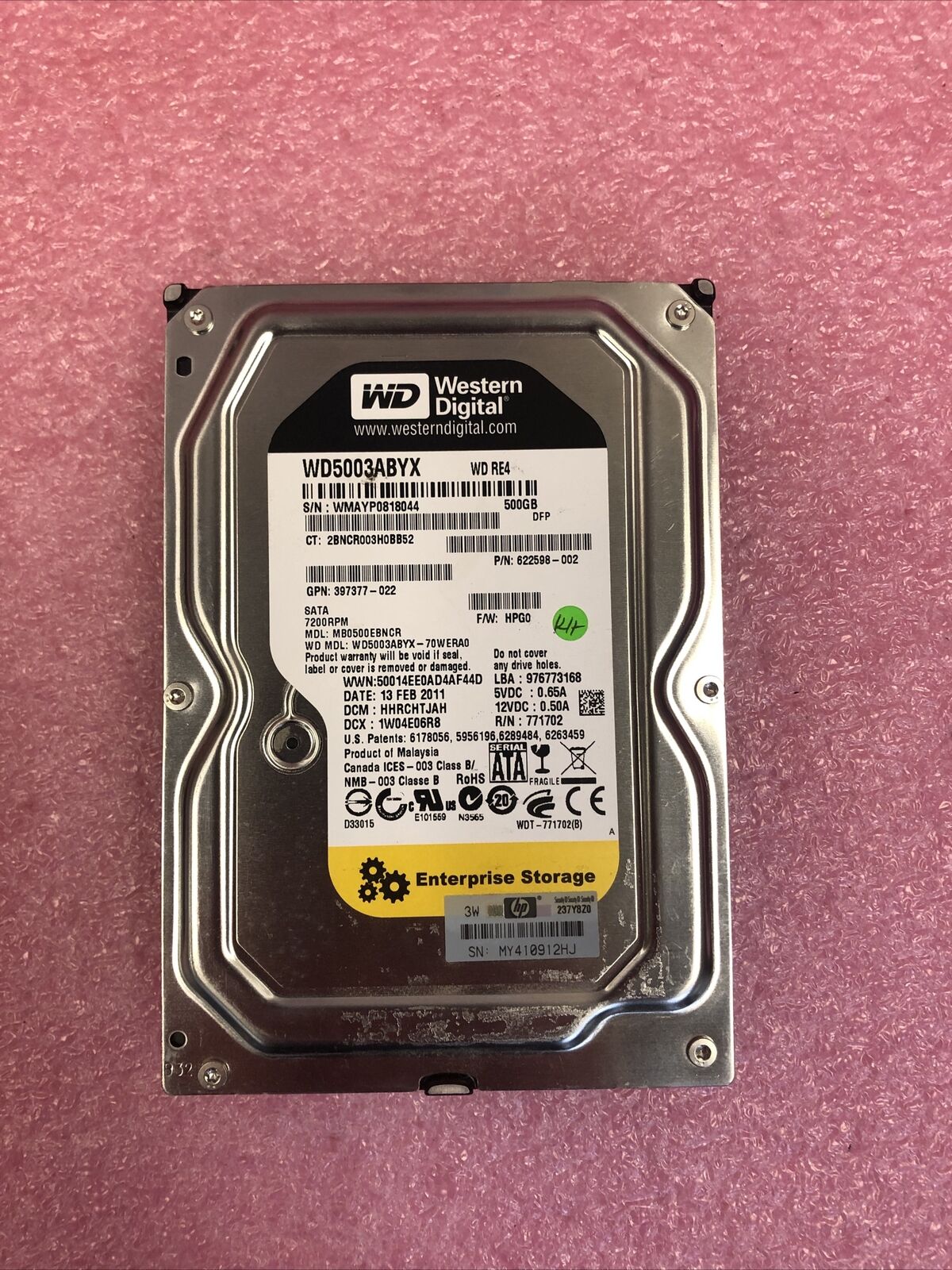 HP Hard Drive 500GB 7.2K 3G 3.5'' SATA // WD5003ABYX / MB0500EBNCR / 622598-002 / 459319-001 (Used) // สินค้ารับประกัน โดย บริษัท อะไหล่เซิร์ฟเวอร์ จำกัด