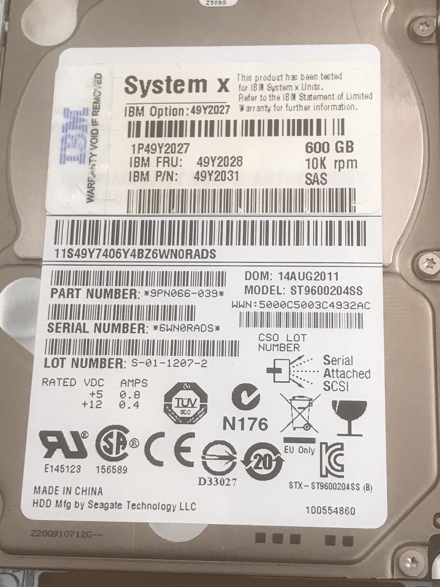 IBM 600GB 10K 6G SAS 2.5'' HDD , 49Y2028, 49Y2027, 49Y2031, ST9600204SS (Used) // สินค้ารับประกัน โดย บริษัท อะไหล่เซิร์ฟเวอร์ จำกัด