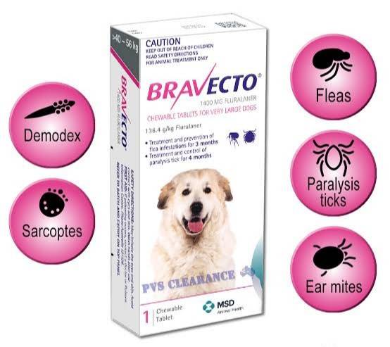 Bravecto chewable tablets 1400 mg for dogs 40-56 kg บราเวคโต ยาเม็ดสำหรับเคี้ยว เพื่อรักษาการติดเห็บ หมัดในสุนัขขนาดใหญ่ น้ำหนัก 40-56 กก.