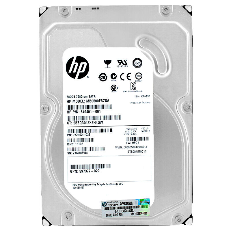 HP 500GB SATA 7200Rpm 3.5'' Inch Hard Drive // HDD 649401-001 / GPN 397377-022 / MB0500EBZQA / 459316-001 / ST500NM0011 (Used) // สินค้ารับประกัน โดย บริษัท อะไหล่เซิร์ฟเวอร์ จำกัด