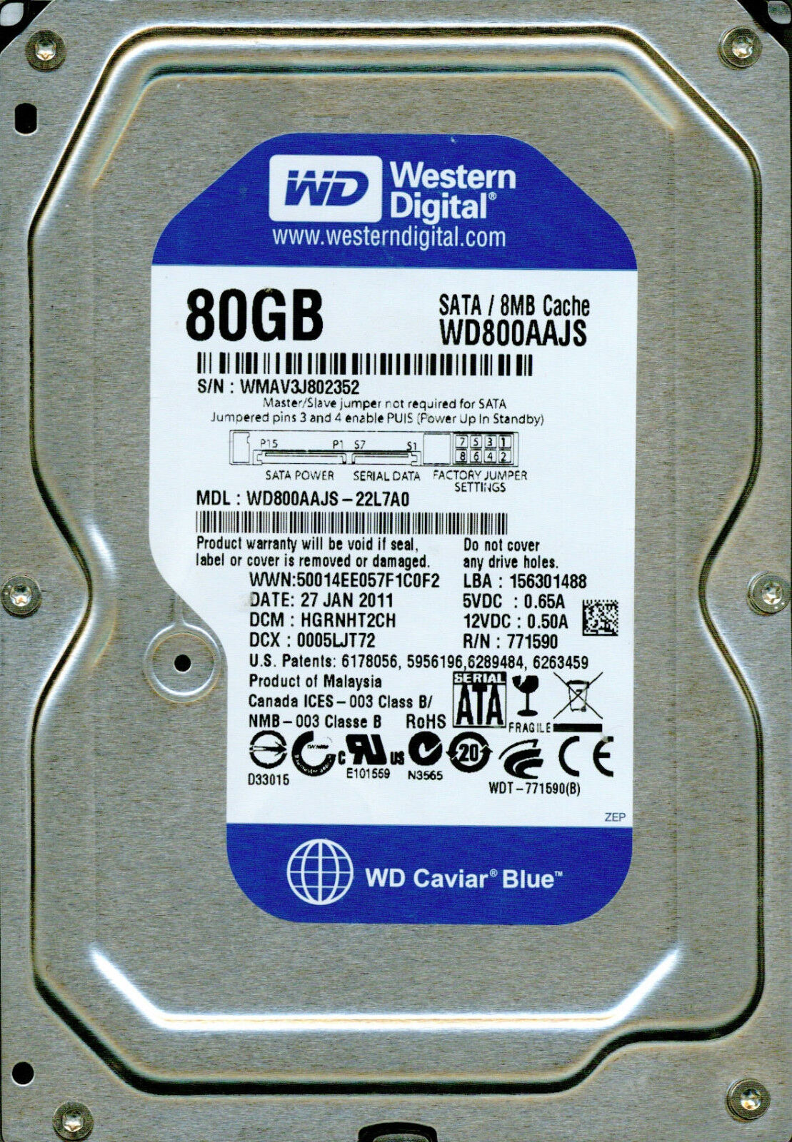 Western Digital 80GB 3.5" 7200rpm Blue Hard Drive 701590 // WD800AAJS (Used) // สินค้ารับประกัน โดย บริษัท อะไหล่เซิร์ฟเวอร์ จำกัด