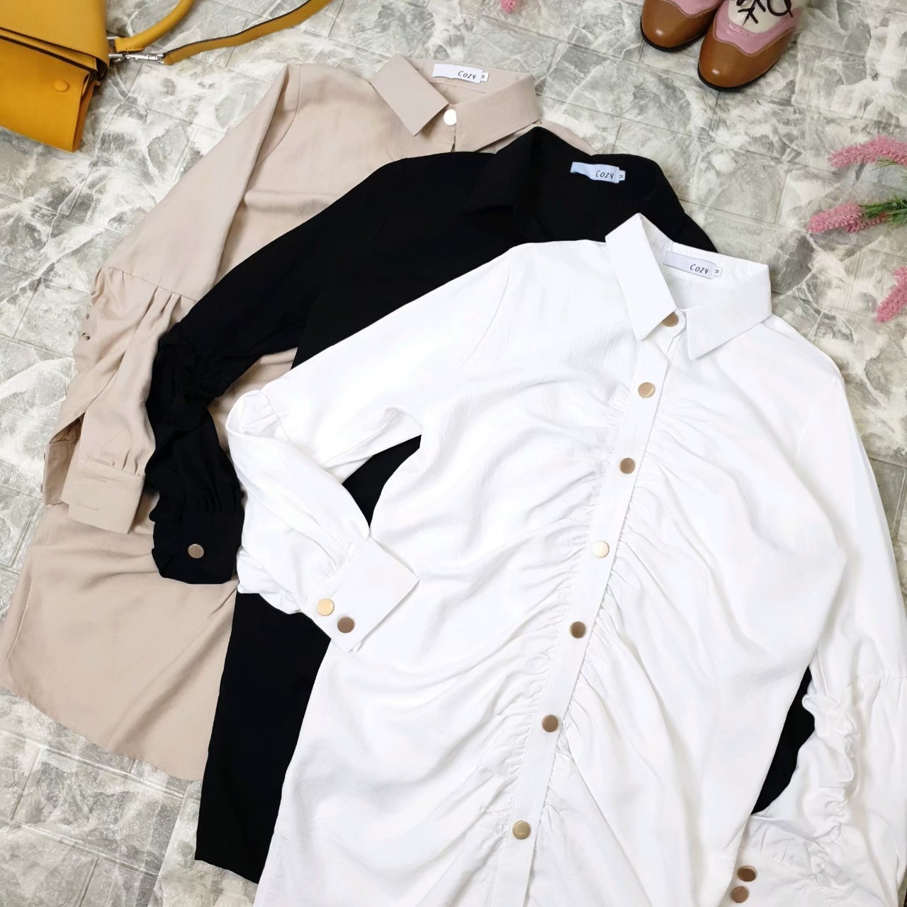 เดรสแขนยาวแฟชั่น เดรสทำงานสวยๆ สีขาว/ดำ/ครีม