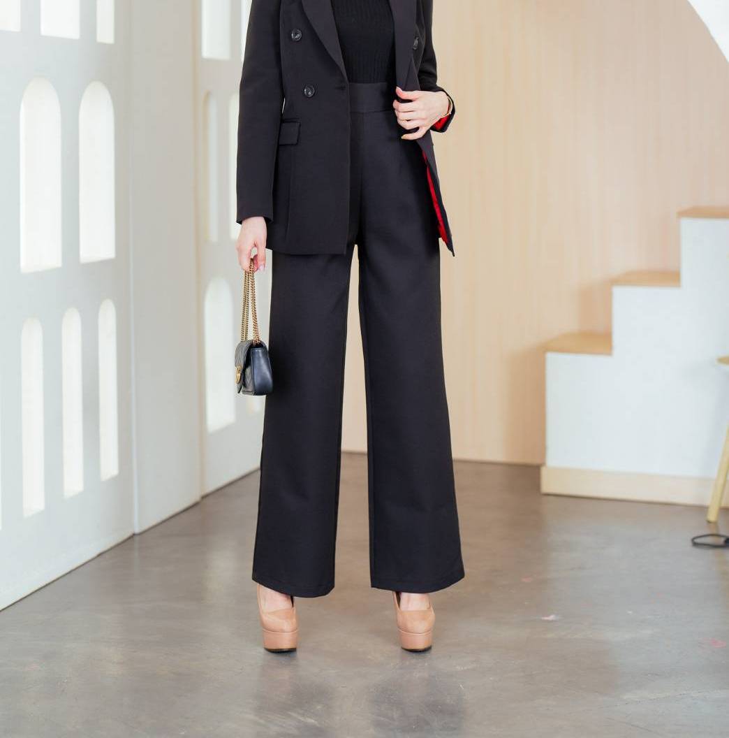 No.2259-2 กางเกงทำงานเอวสูงขากระบอกใหญ่ สีขาว/สีดำ/สีกรม