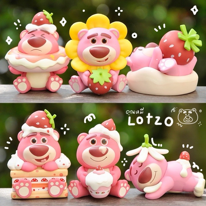 โมเดลล็อตโซ่ หมีชมพู Lotso ฟิกเกอร์ของสะสม ชุดสตรอเบอร์รี่ ของขวัญ (ชุด 6 แบบ) MS6016 ขนาด 5-6 ซม. ตุ๊กตาจิ๋ว โมเดลจิ๋ว เรซิ่นตกแต่ง แต่งสวน งานDIY