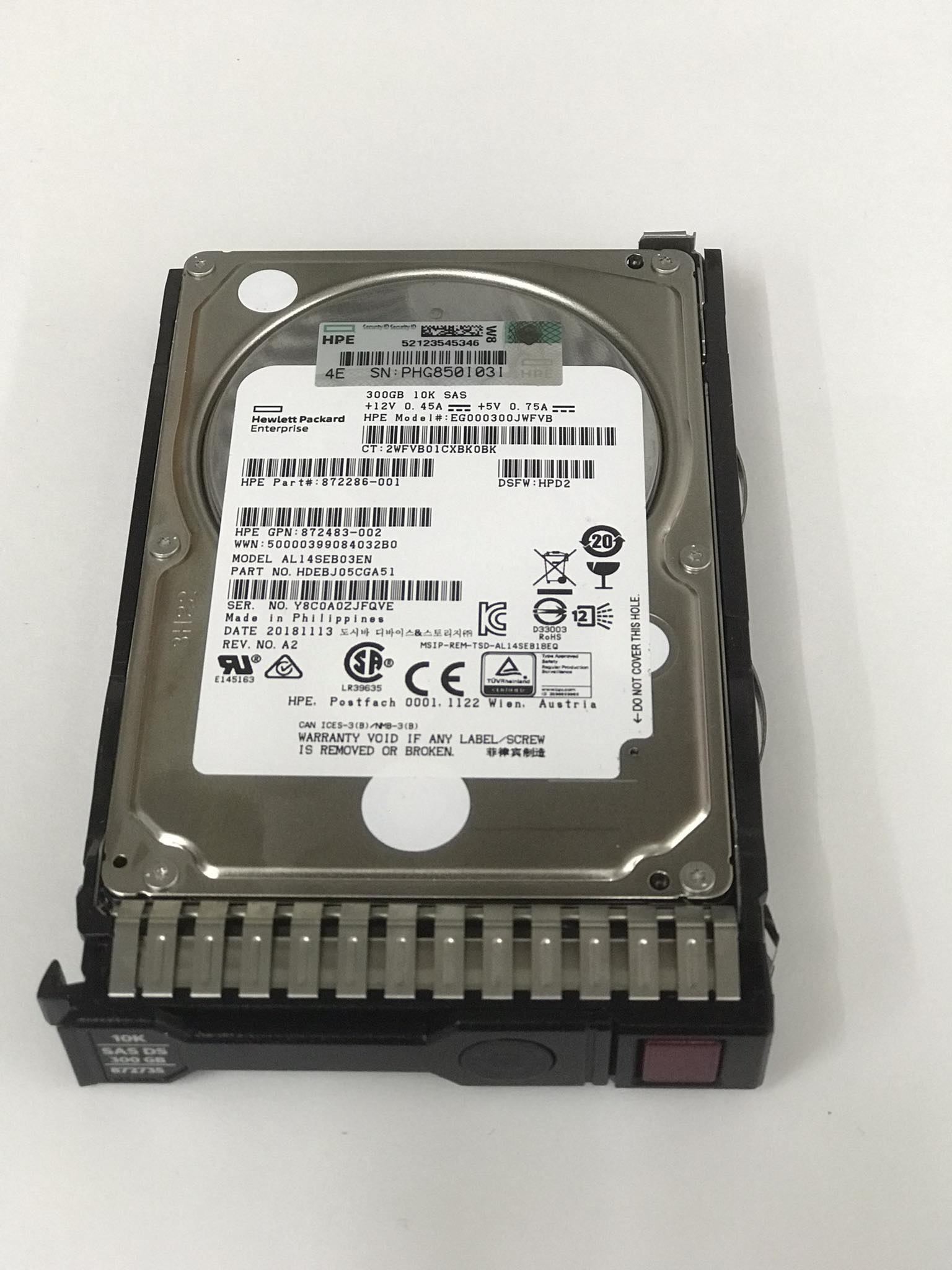 HP 300GB 10K SAS 12G 2.5" Hard Drive HDD SC DS // 872286-001 / GPN 872483-002 / EG000300JWFVB / AL14SEB03EN / Tray 872735 (Used) // สินค้ารับประกัน โดย บริษัท อะไหล่เซิร์ฟเวอร์ จำกัด