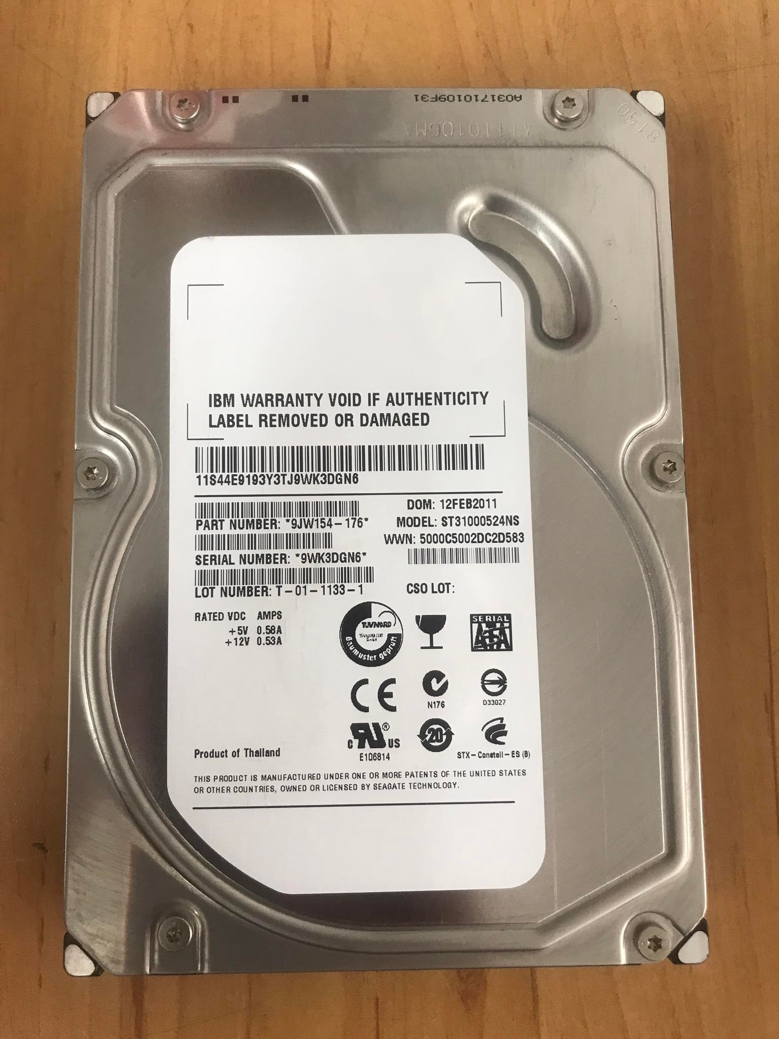 IBM 1TB 7.2K Sata 3G 3.5” HDD Hard Disk (Seagate) // 44E9193 / ST31000524NS / 9JW154-176 (Used) // สินค้ารับประกัน โดย บริษัท อะไหล่เซิร์ฟเวอร์ จำกัด