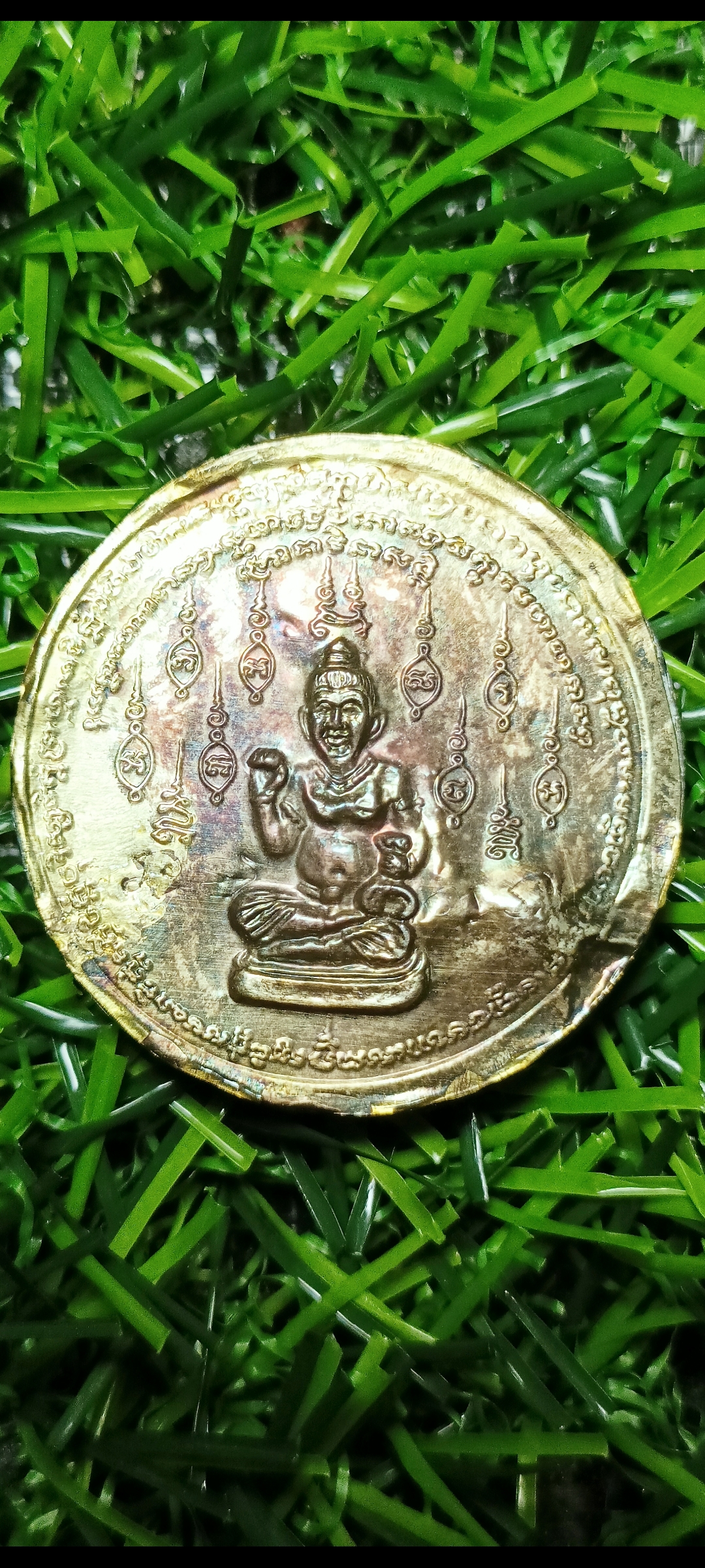 เหรียญขวัญถุง กวักเรียกทรัพย์ หลวงพ่อดำ วัดสันติธรรม เนื้อตะกั่ว หน้ากากทองคำ หลังหน้ากากเงิน