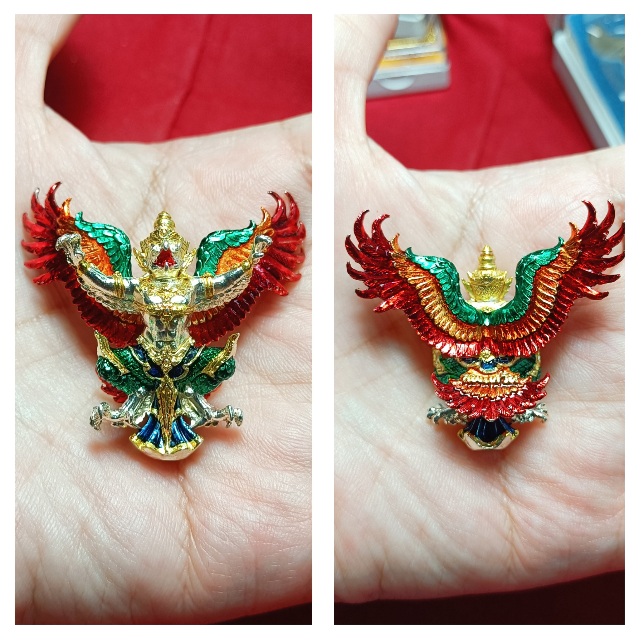 พญาครุฑ รุ่นเศรษฐีทันใจ หลวงพ่อหวั่น วัดคลองคูณ จ.พิจิตร เนื้อสัมฤทธิ์ชุบเงินลงยาไตรลักษณ์ ขนาดกว้าง 4.6 ซม. สูง 4.3 ซม.