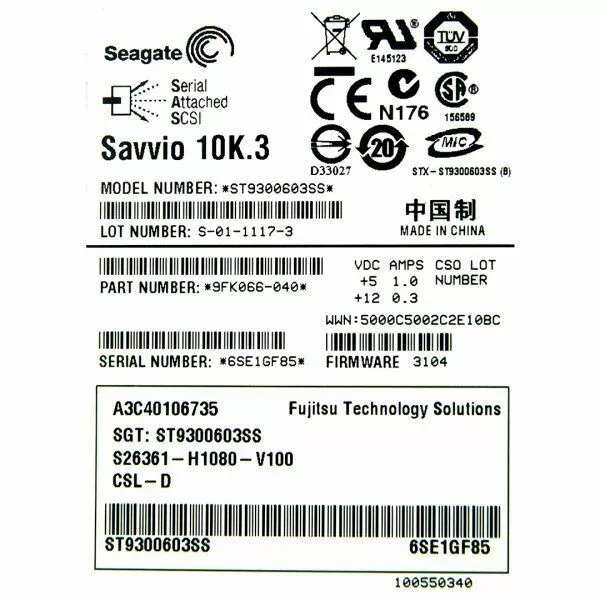 Seagate / Fujitsu 300GB 10K SAS 6G 2.5" Hard Drive / A3C40106735, ST9300603SS, S26361-H1080-V100, 9FK066-040 (Used) // สินค้ารับประกัน โดย บริษัท อะไหล่เซิร์ฟเวอร์ จำกัด