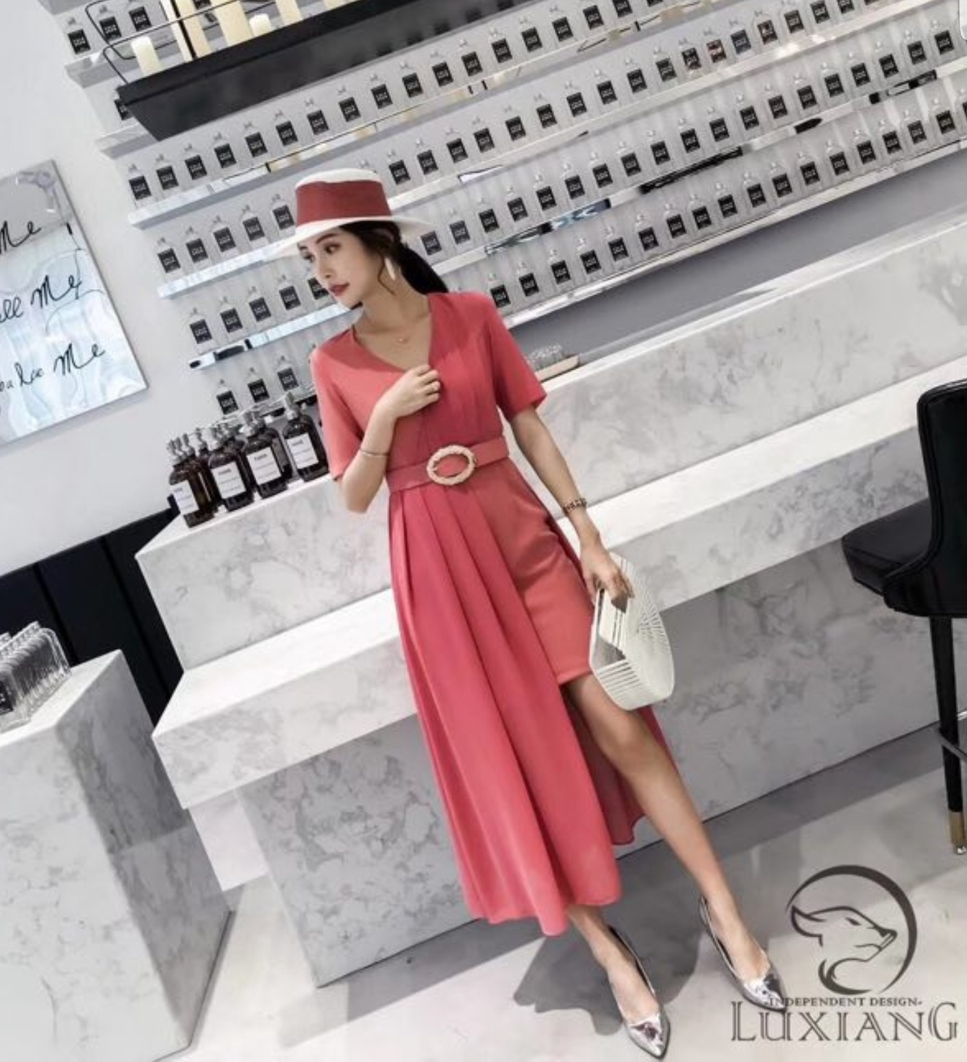 เดรสชีฟองเข็มขัดหน้าสั้นหลังยาว IM3970
