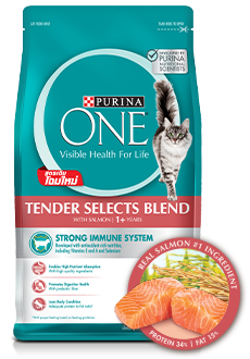 Purina one Tender Select Blend with salmon 380 g. เพียวริน่า วัน อาหารเม็ดสำหรับแมวโต สูตรปลาแซลมอน ขนาด 380 กรัม
