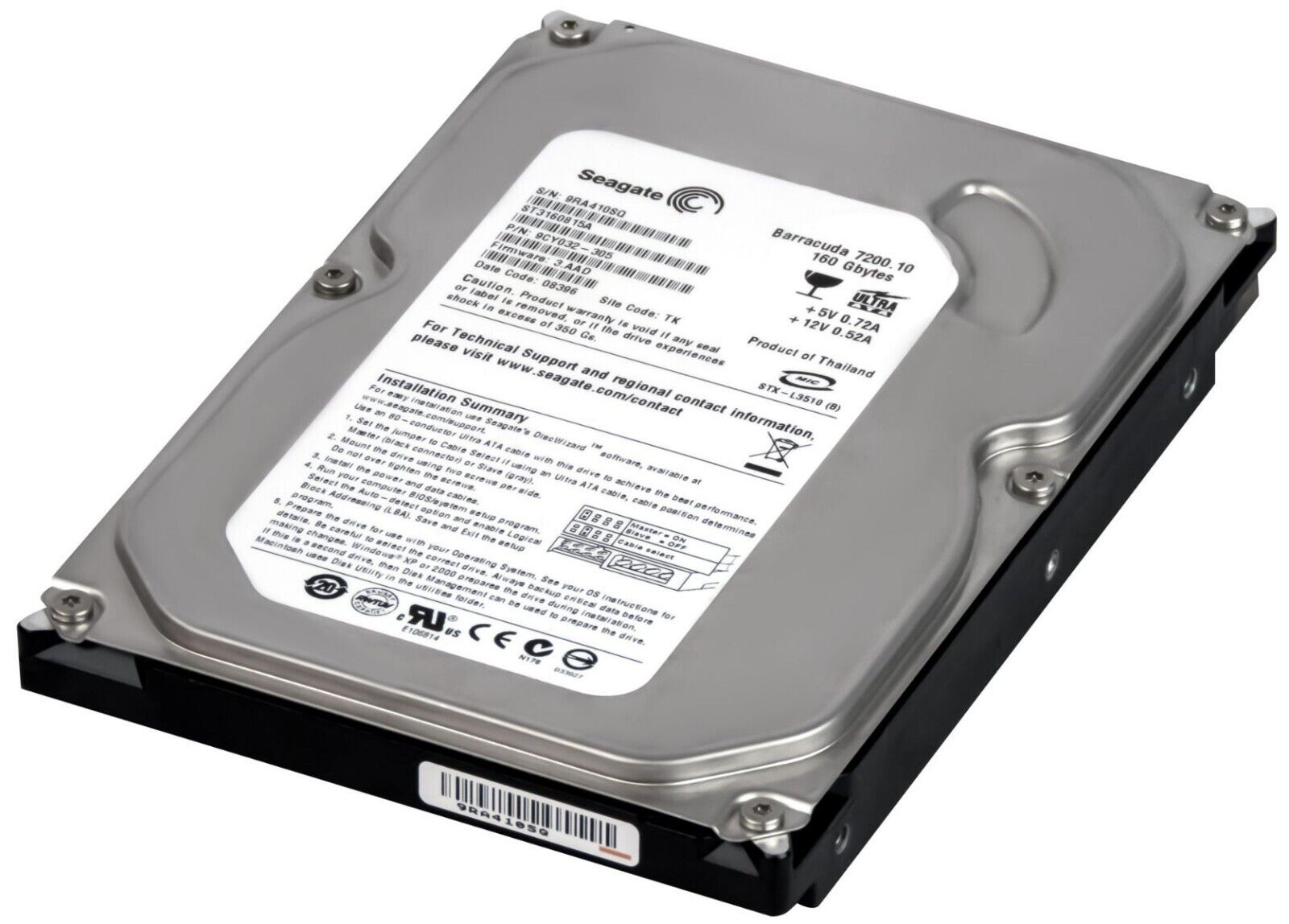 SEAGATE BARRACUDA 160GB 7200U/min 8MB ATA IDE 3.5" Hard Drive // ST3160815A / 9CY032 (Used) // สินค้ารับประกัน โดย บริษัท อะไหล่เซิร์ฟเวอร์ จำกัด