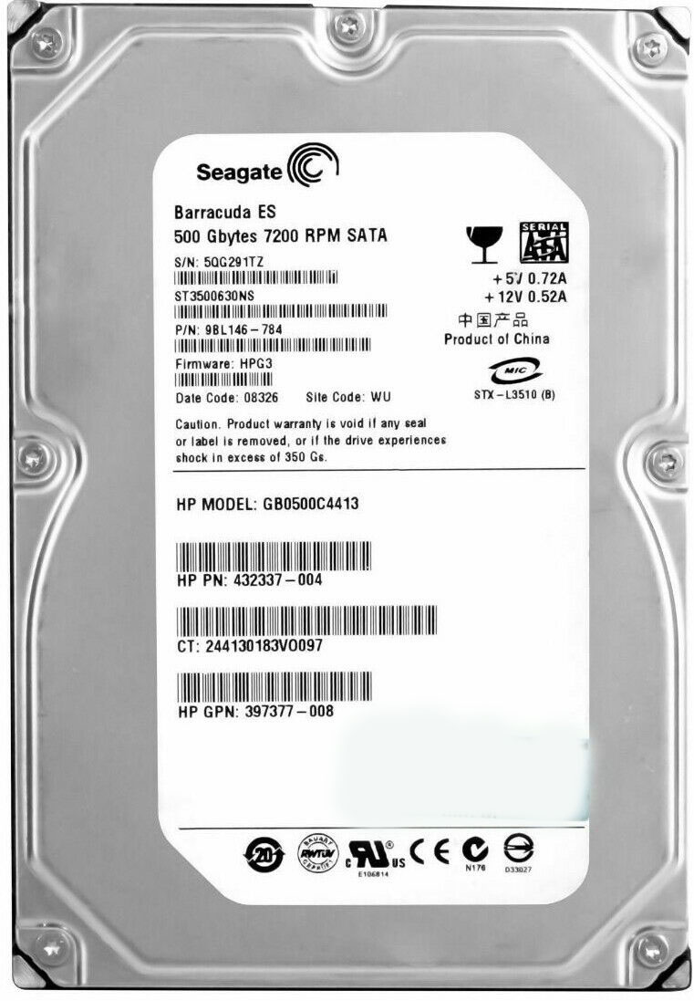 HP / SEAGATE 500GB 7200U/Min 16MB SATA II 3.5'' Pouces // ST3500630NS / 432337-004 / GB0500C4413 (Used) // สินค้ารับประกัน โดย บริษัท อะไหล่เซิร์ฟเวอร์ จำกัด