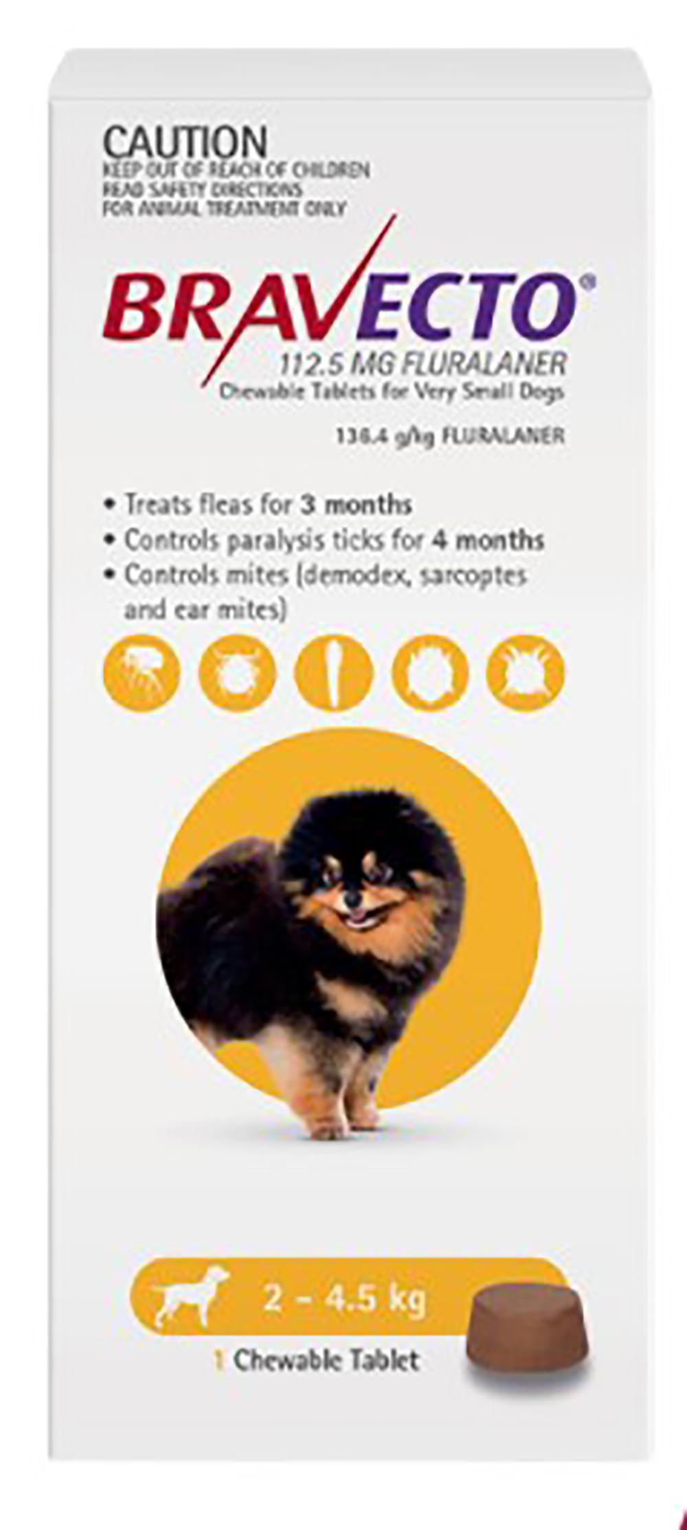 Bravecto chewable tablets 112.5 mg for dogs 2-4.5 kg บราเวคโต ยาเม็ดสำหรับเคี้ยว เพื่อรักษาการติดเห็บ หมัดในสุนัขขนาดเล็กมาก น้ำหนัก 2-4.5 กก.