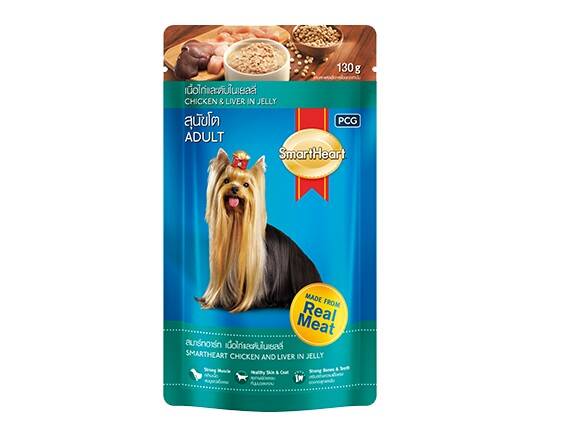 Smartheart chicken and liver in jelly 130 g อาหารสุนัขสมาร์ทฮาร์ทเพาวซ์ เนื้อไก่และตับชิ้นในเยลลี่ 130 กรัม (ซื้อครบ 6 ซอง ลดเหลือ 110 บ.)
