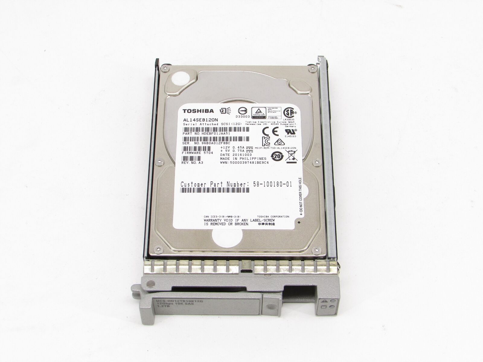 Cisco Toshiba 1.2TB 10K 2.5 12Gb/s SAS Hard Drive HDD Grade A W/ Caddy // AL14SEB120N / 58-100180-01 (Used) // สินค้ารับประกัน โดย บริษัท อะไหล่เซิร์ฟเวอร์ จำกัด