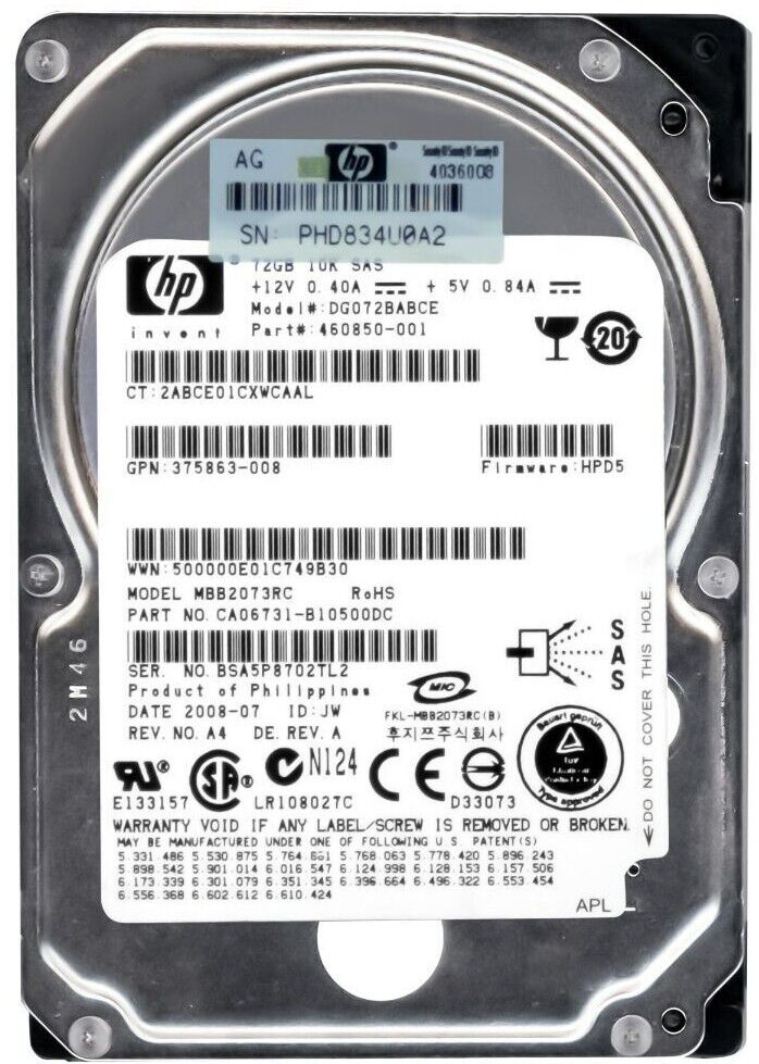 HP 72GB 10K 3G SAS 2.5" 16MB Cache Hard Drive // HDD 460850-001 / DG072BABCE / GPN 375863-008 / MBB2073RC (Used) // สินค้ารับประกัน โดย บริษัท อะไหล่เซิร์ฟเวอร์ จำกัด