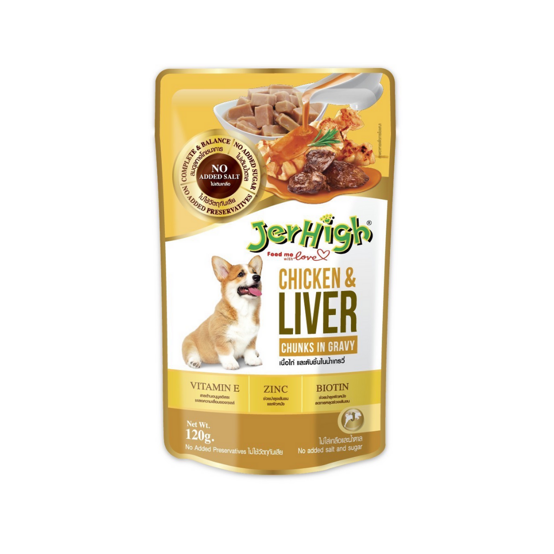 Jerhigh chicken & liver in gravy pouch 120 g เจอร์ไฮ เนื้อไก่และตับ ในน้ำเกรวี่ แบบซอง 120 กรัม สูตรบำรุงผิวหนังและขน