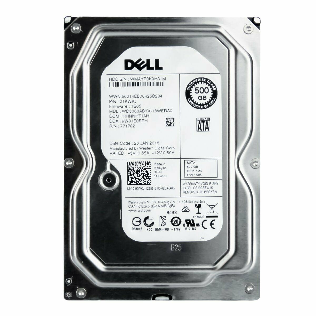 Dell 500GB 7.2K 3G SATA 3.5" RPM Server HDD Hard Drive // 01KWKJ (Used) // สินค้ารับประกัน โดย บริษัท อะไหล่เซิร์ฟเวอร์ จำกัด