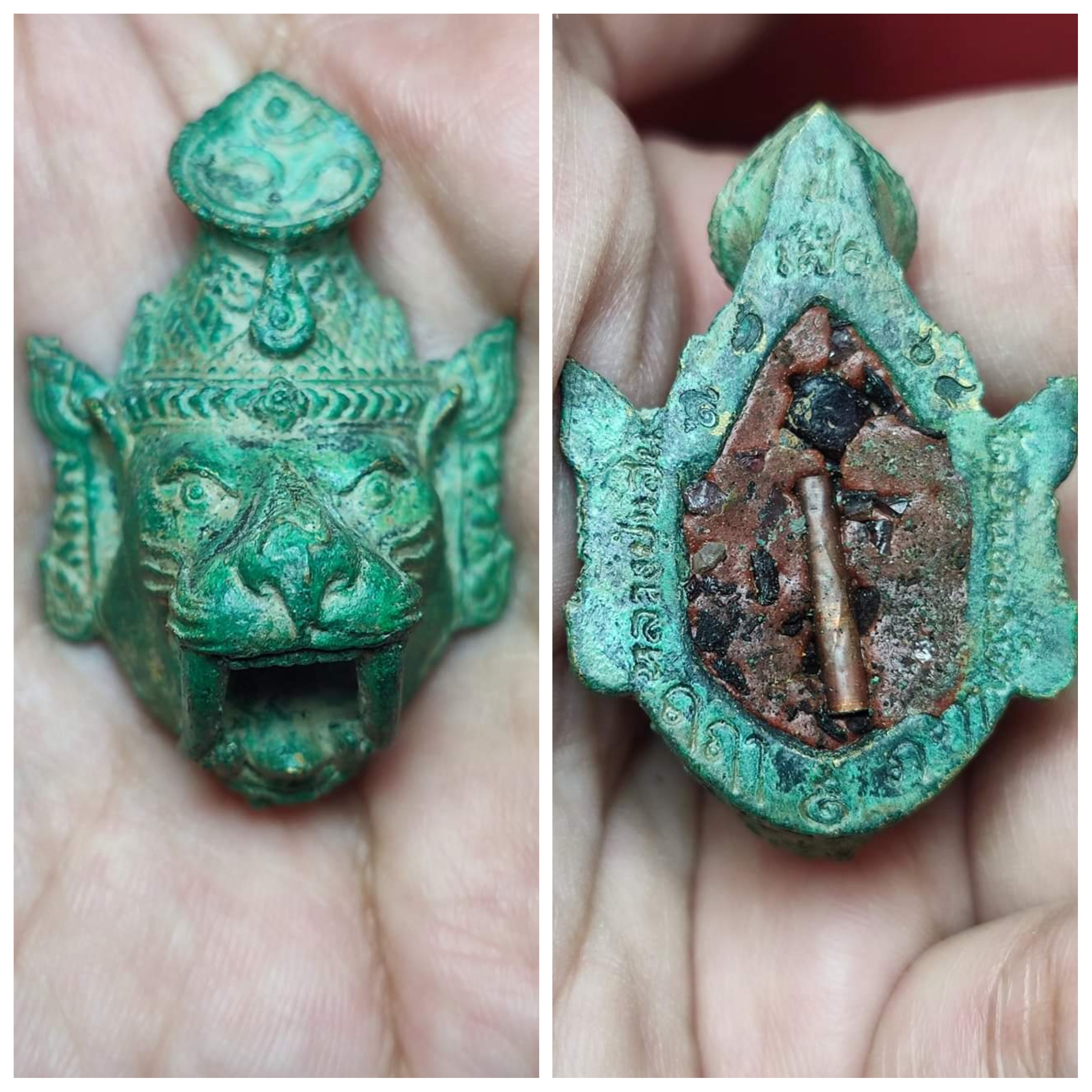 เศียรฤาษีปู่เสือ เนื้อสนิมเขียว อุดผง ฝังตะกรุดโทน ฝังพลอย หลวงปู่แสน วัดบ้านหนองจิก จ.ศรีสะเกษ