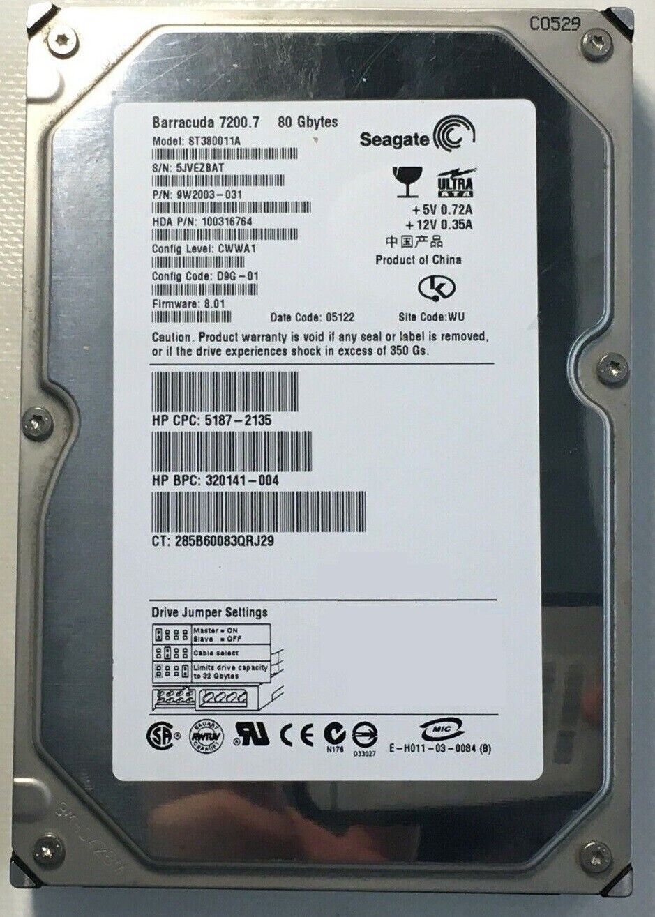 HP Seagate FW 8.01 80GB IDE 3.5 Hard Drive // 287685-001 / ST380011A / PN 9W2003-031 (Used) // สินค้ารับประกัน โดย บริษัท อะไหล่เซิร์ฟเวอร์ จำกัด
