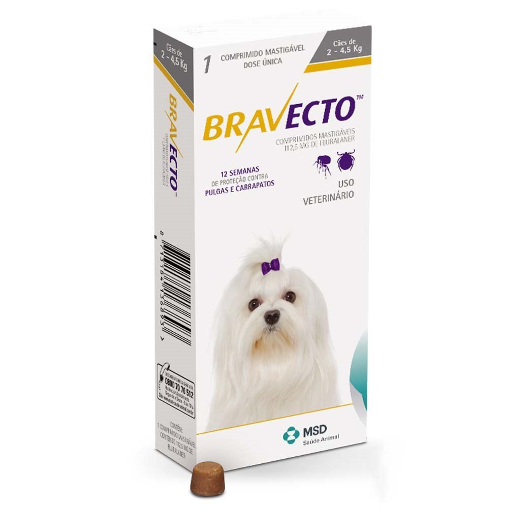 Bravecto chewable tablets 112.5 mg for dogs 2-4.5 kg บราเวคโต ยาเม็ดสำหรับเคี้ยว เพื่อรักษาการติดเห็บ หมัดในสุนัขขนาดเล็กมาก น้ำหนัก 2-4.5 กก.
