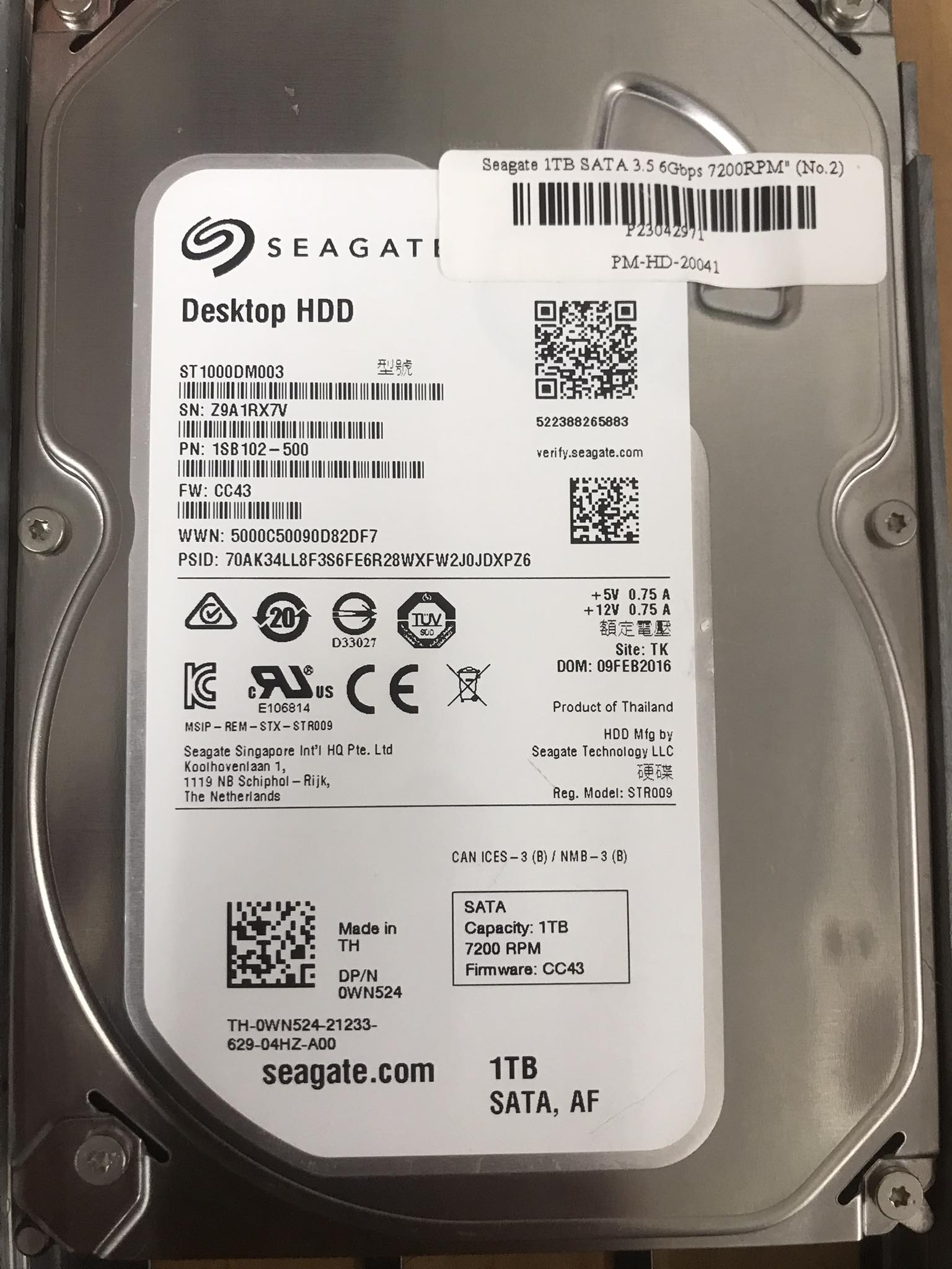 Dell / Seagate 1TB 7.2K 6G SATS 3.5'' Hard Drive HDD // 0WN524 / ST1000DM010 / 2EP102-504 (Used) // สินค้ารับประกัน โดย บริษัท อะไหล่เซิร์ฟเวอร์ จำกัด