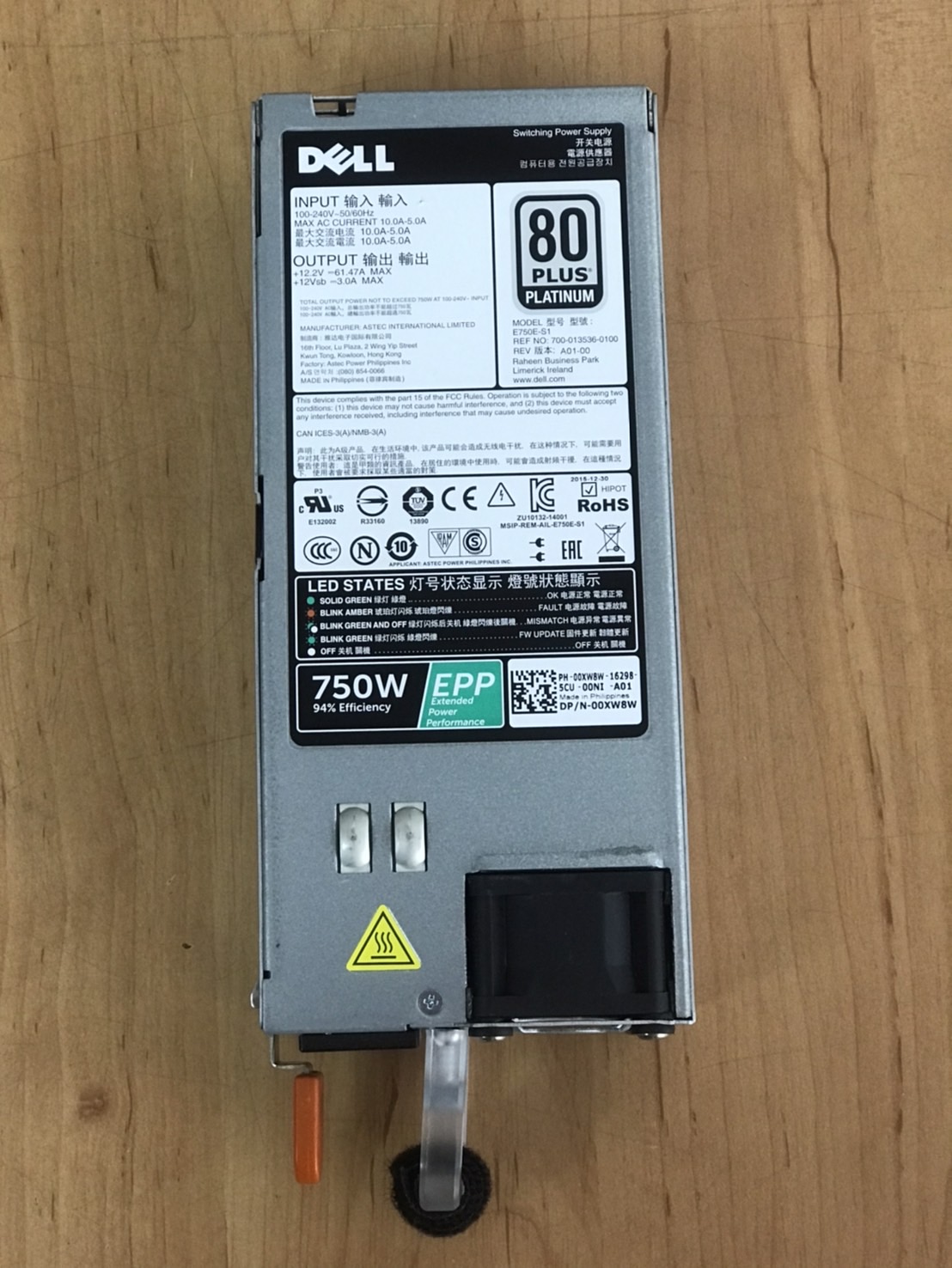 Dell Power Supply 750W E750E-S1 Hot-Swap R730 R730XD R630 T430 // 00XW8W, 0XW8W (Used) // สินค้ารับประกัน โดย บริษัท อะไหล่เซิร์ฟเวอร์ จำกัด