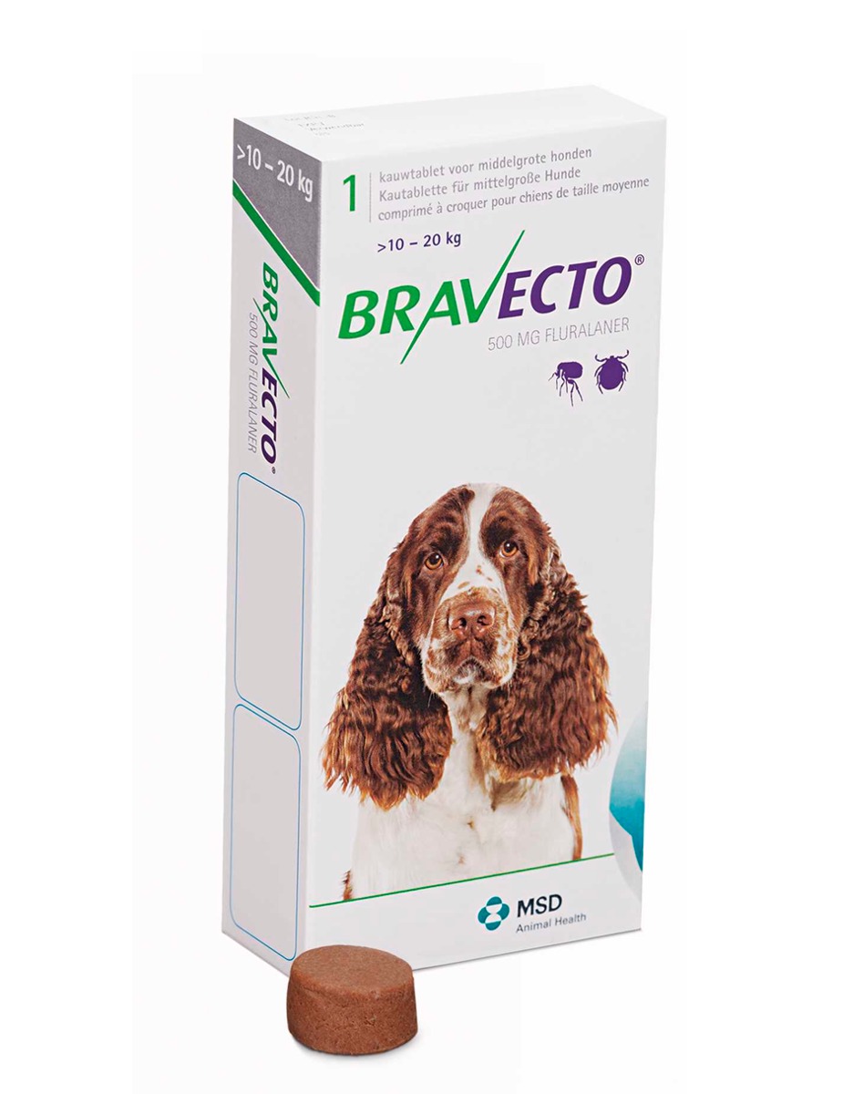 Bravecto chewable tablets 500 mg for dogs 10-20 kg บราเวคโต ยาเม็ดสำหรับเคี้ยว เพื่อรักษาการติดเห็บ หมัดในสุนัขขนาดกลาง น้ำหนัก 10-20 กก.