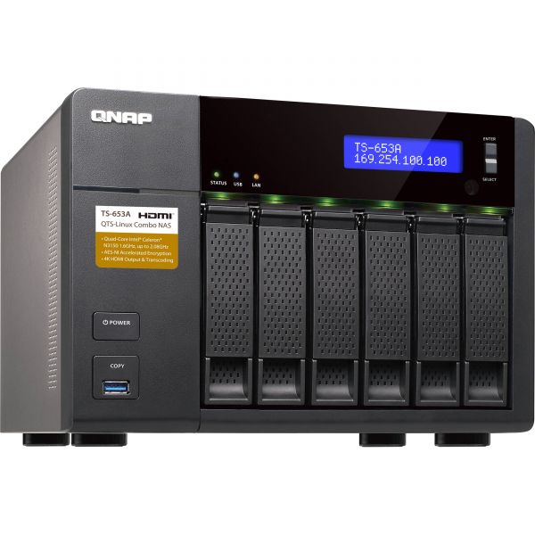 QNAP NAS TS-653A CPU Celeron N3160 (4Core+4Thread) / RAM 4 GB DDR3L/No Hard Disk / Power Supply ATX 240W /Network Card 4 x Gigabit RJ-45 / 4 x USB Port /2HDMT Port (Used) // บริษัท อะไหล่เซิร์ฟเวอร์ จำกัด